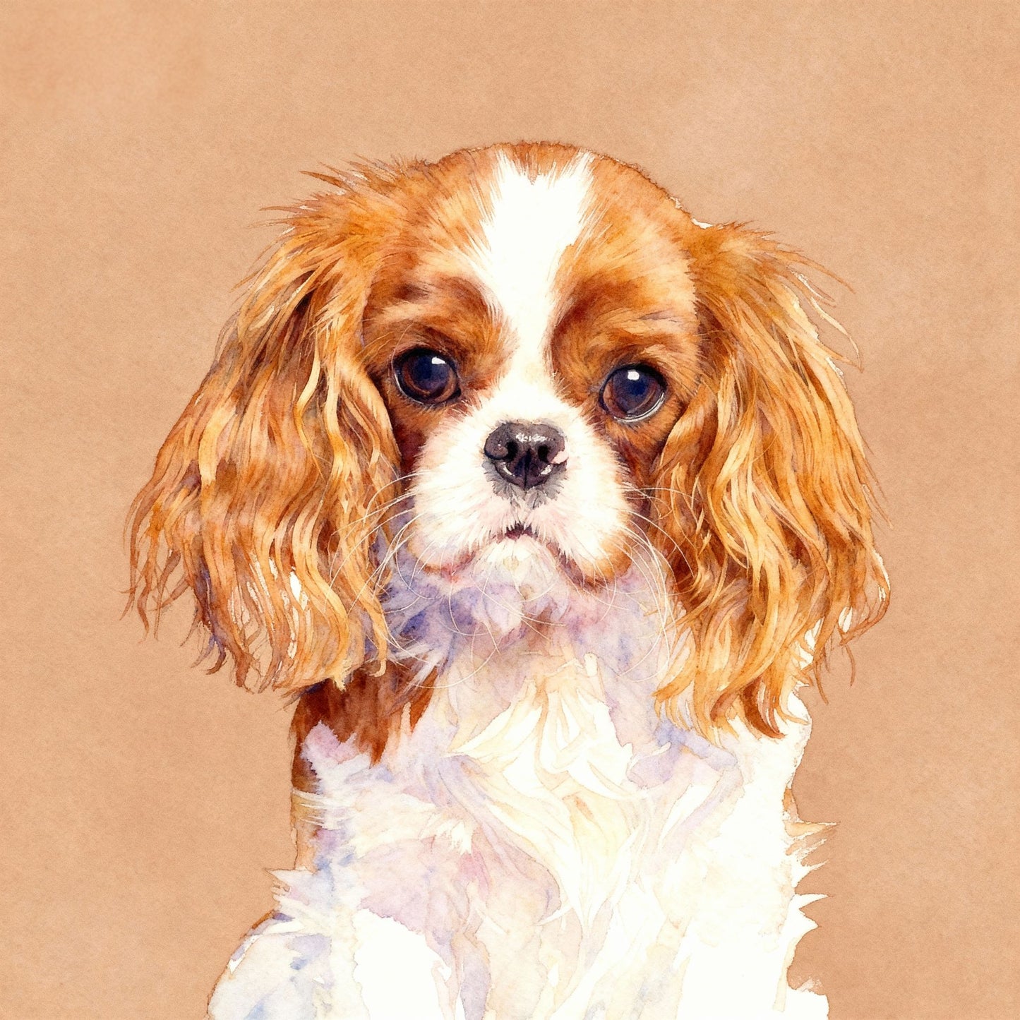 Custom modern pet portrait in watercolor style with solid background, featuring a Cavalier King Charles Spaniel.