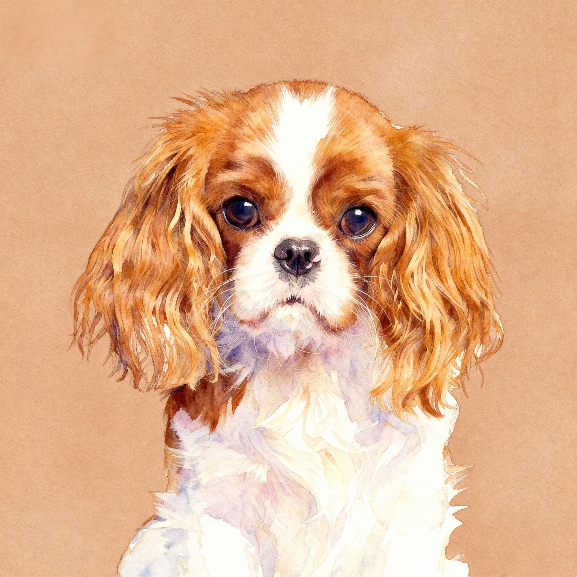 Custom modern pet portrait in watercolor style with solid background, featuring a Cavalier King Charles Spaniel.