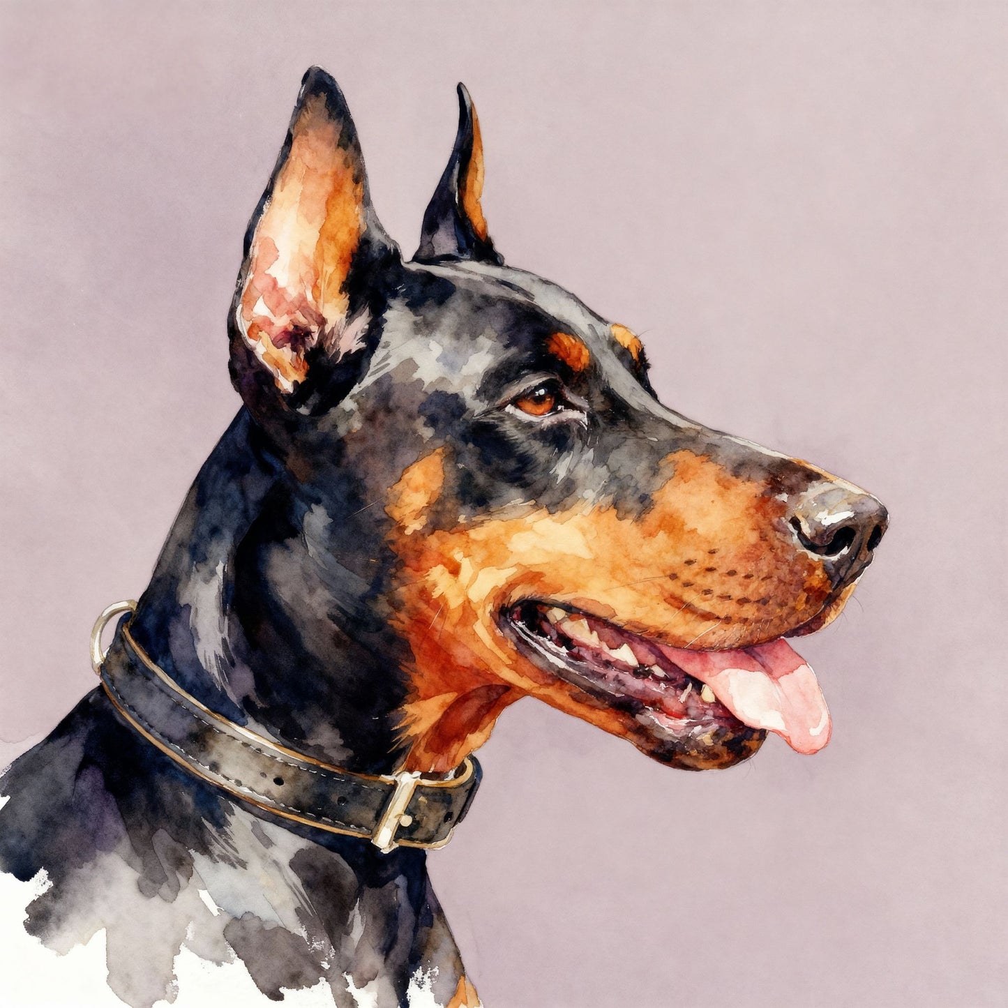 Custom modern pet portrait in watercolor style with solid background, featuring a Doberman Pinscher.