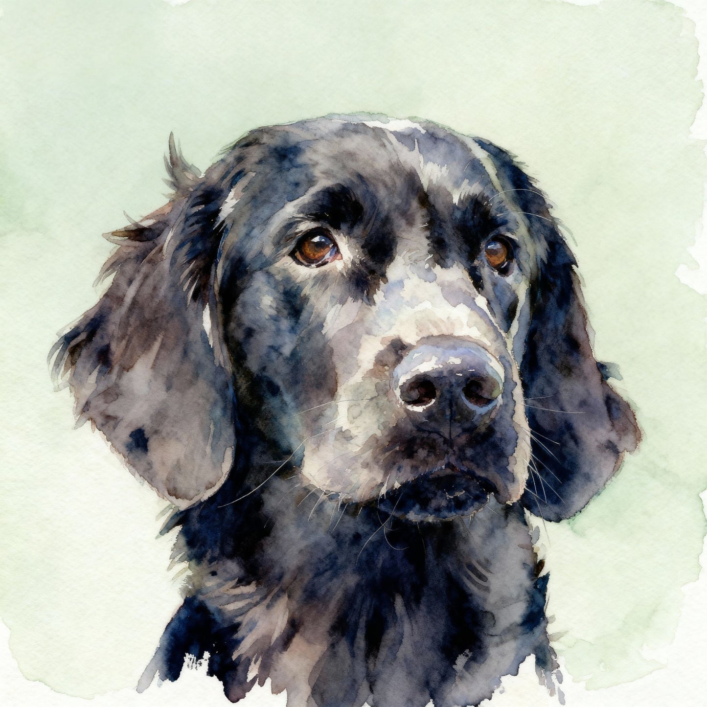 Custom modern pet portrait in watercolor style with solid background, featuring a black dog with expressive eyes.