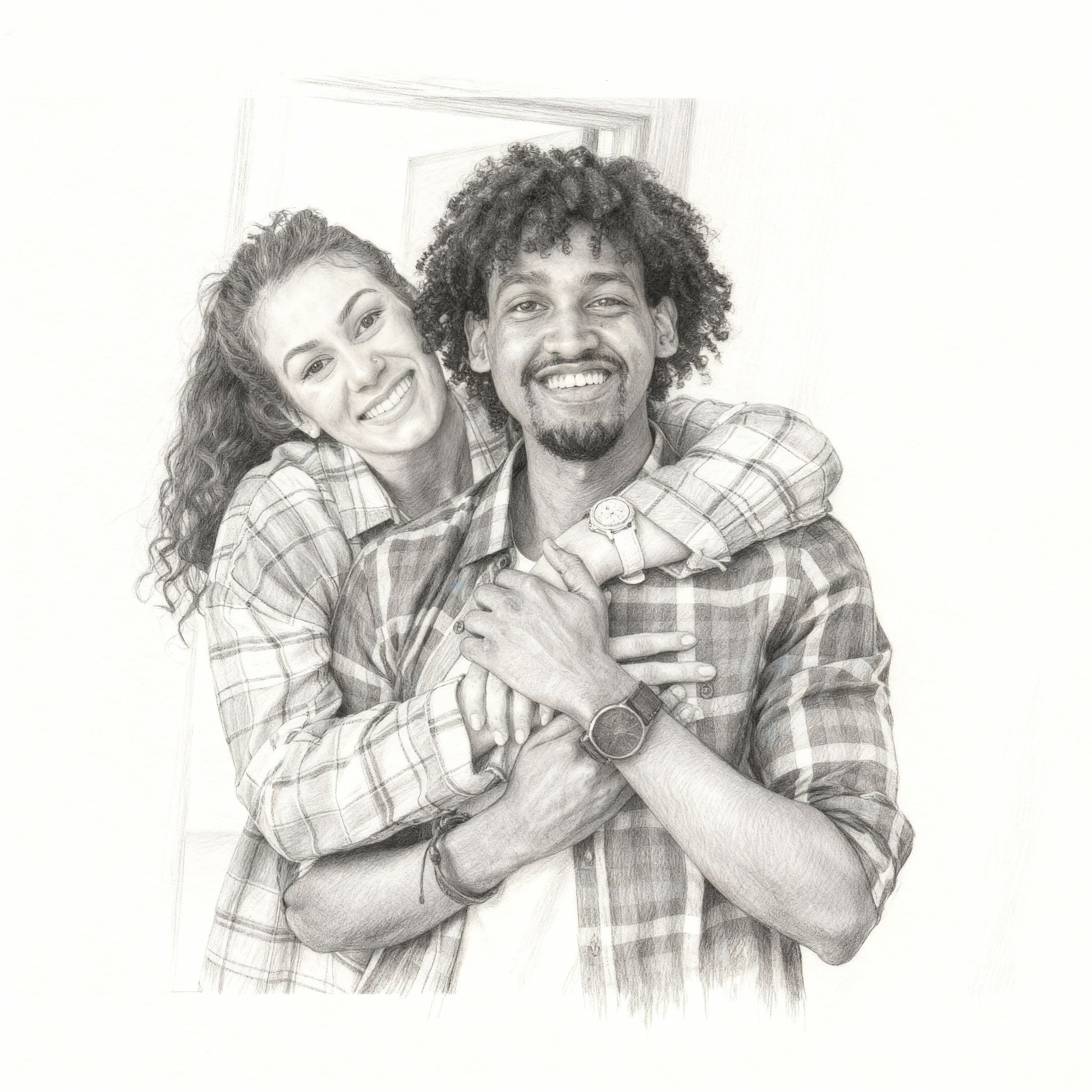 Custom pencil couple portrait with affectionate pose, realistic black-and-white sketch style, personalized gift for anniversary or special keepsake.
