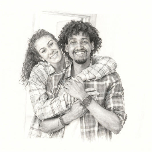 Custom pencil couple portrait with affectionate pose, realistic black-and-white sketch style, personalized gift for anniversary or special keepsake.