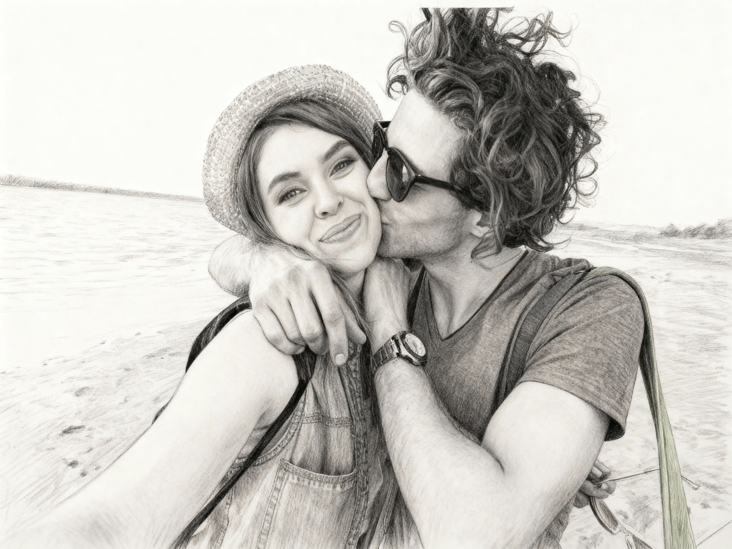 Custom pencil couple portrait at beach, affectionate selfie pose with straw hat and sunglasses, realistic black-and-white sketch, personalized travel or anniversary keepsake.