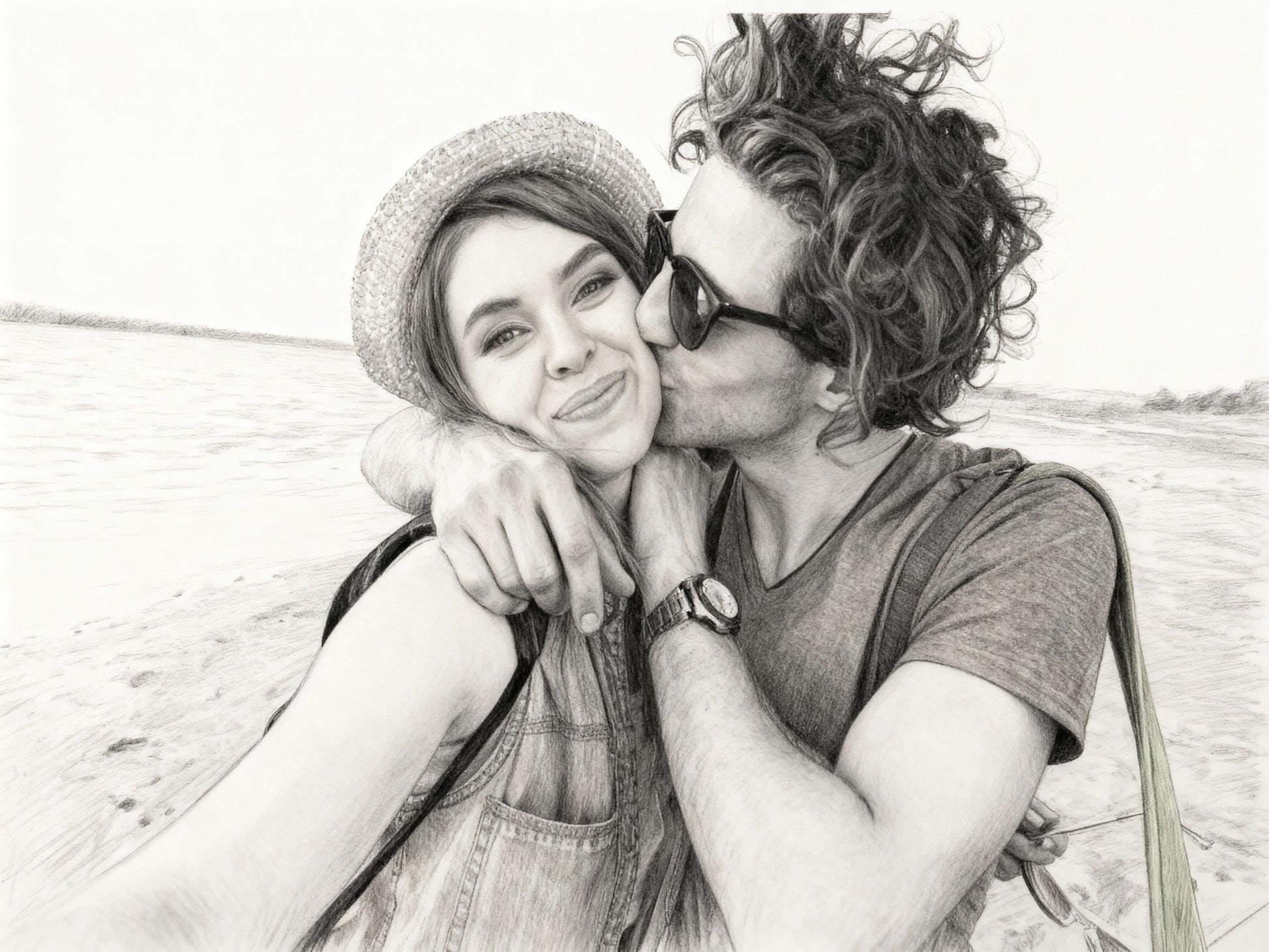 Custom pencil couple portrait at beach, affectionate selfie pose with straw hat and sunglasses, realistic black-and-white sketch, personalized travel or anniversary keepsake.
