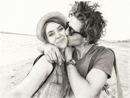 Custom pencil couple portrait at beach, affectionate selfie pose with straw hat and sunglasses, realistic black-and-white sketch, personalized travel or anniversary keepsake.