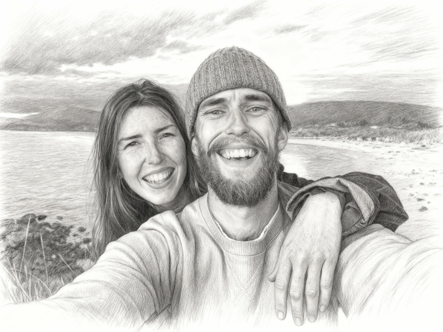 Custom pencil couple portrait at beach, smiling selfie pose with knit cap and ocean view, realistic black-and-white sketch, personalized travel or anniversary keepsake.