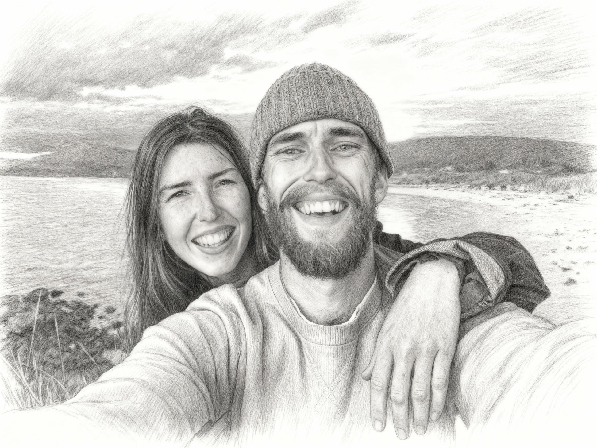 Custom pencil couple portrait at beach, smiling selfie pose with knit cap and ocean view, realistic black-and-white sketch, personalized travel or anniversary keepsake.