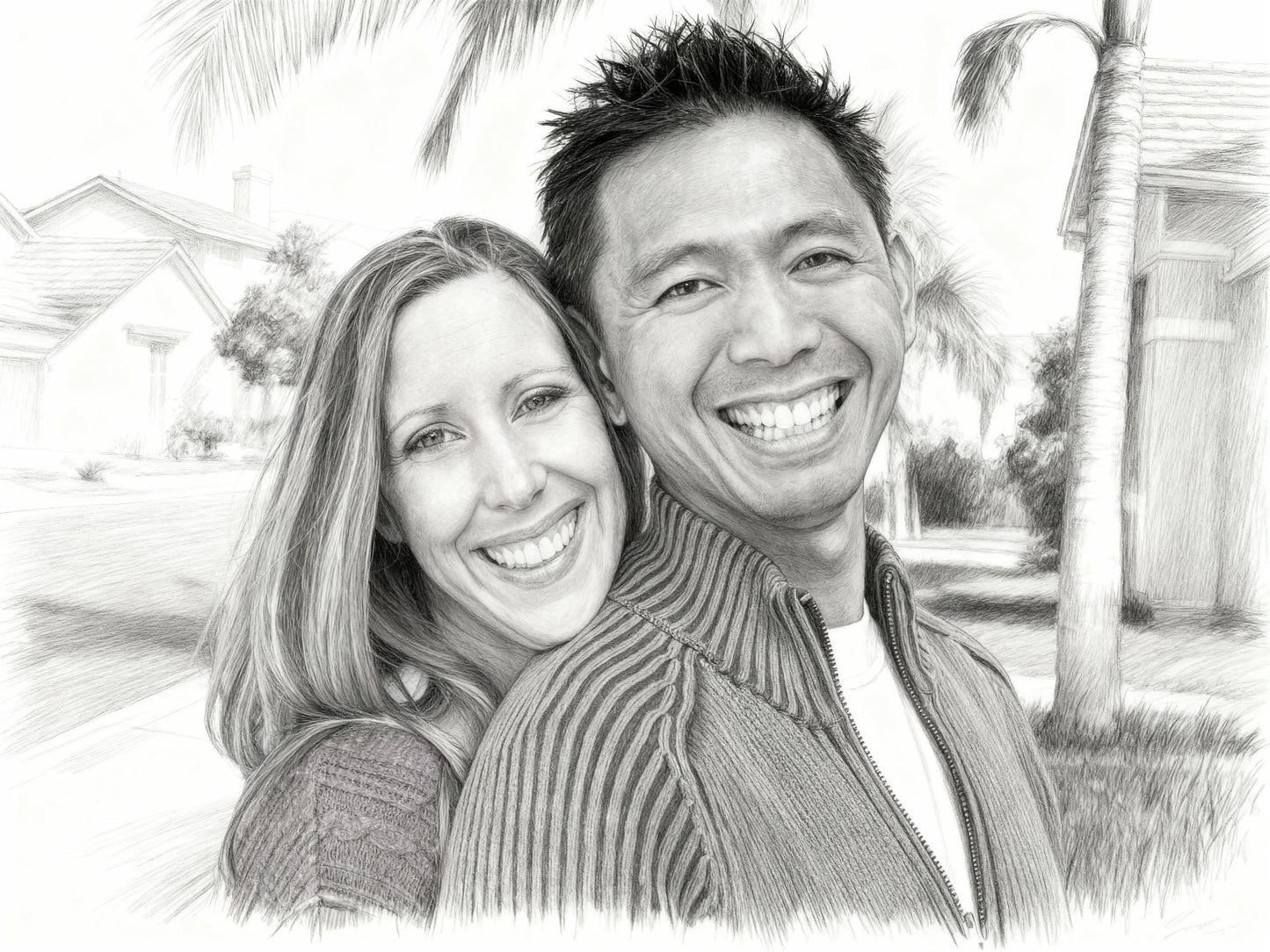 Custom pencil couple portrait in suburban neighborhood, realistic black-and-white sketch with warm embrace, personalized gift for anniversary or everyday keepsake.