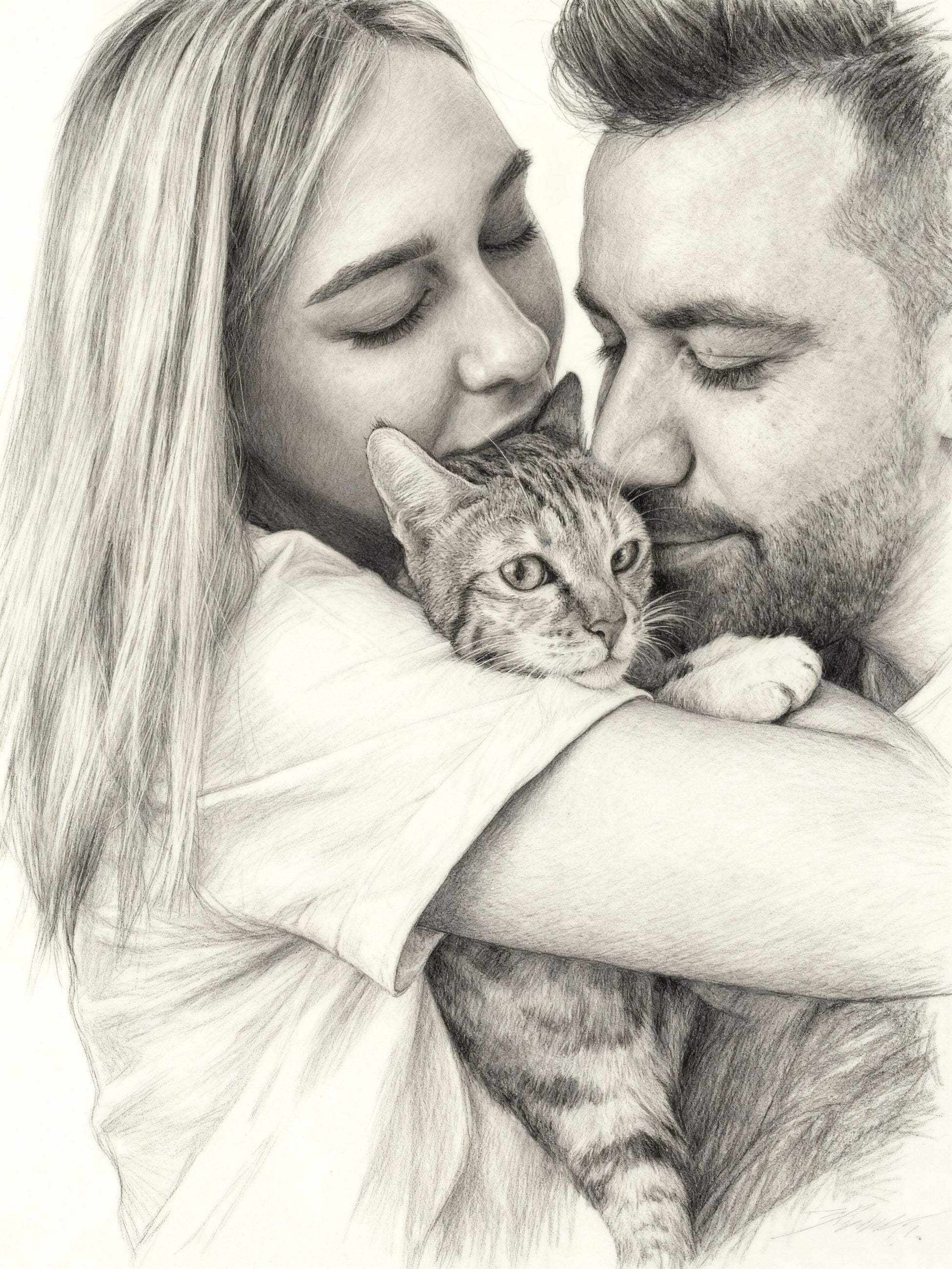 Custom pencil portrait of couple with cat, realistic black-and-white sketch capturing affectionate embrace, personalized pet and people keepsake gift.