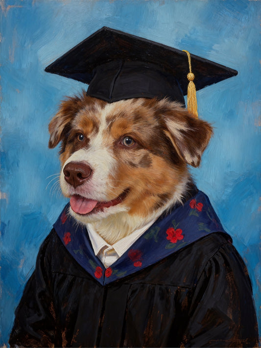 Custom pet graduation portrait of a dog in cap and gown with floral stole, posed formally against a blue backdrop—adorable, funny, and frame-worthy.