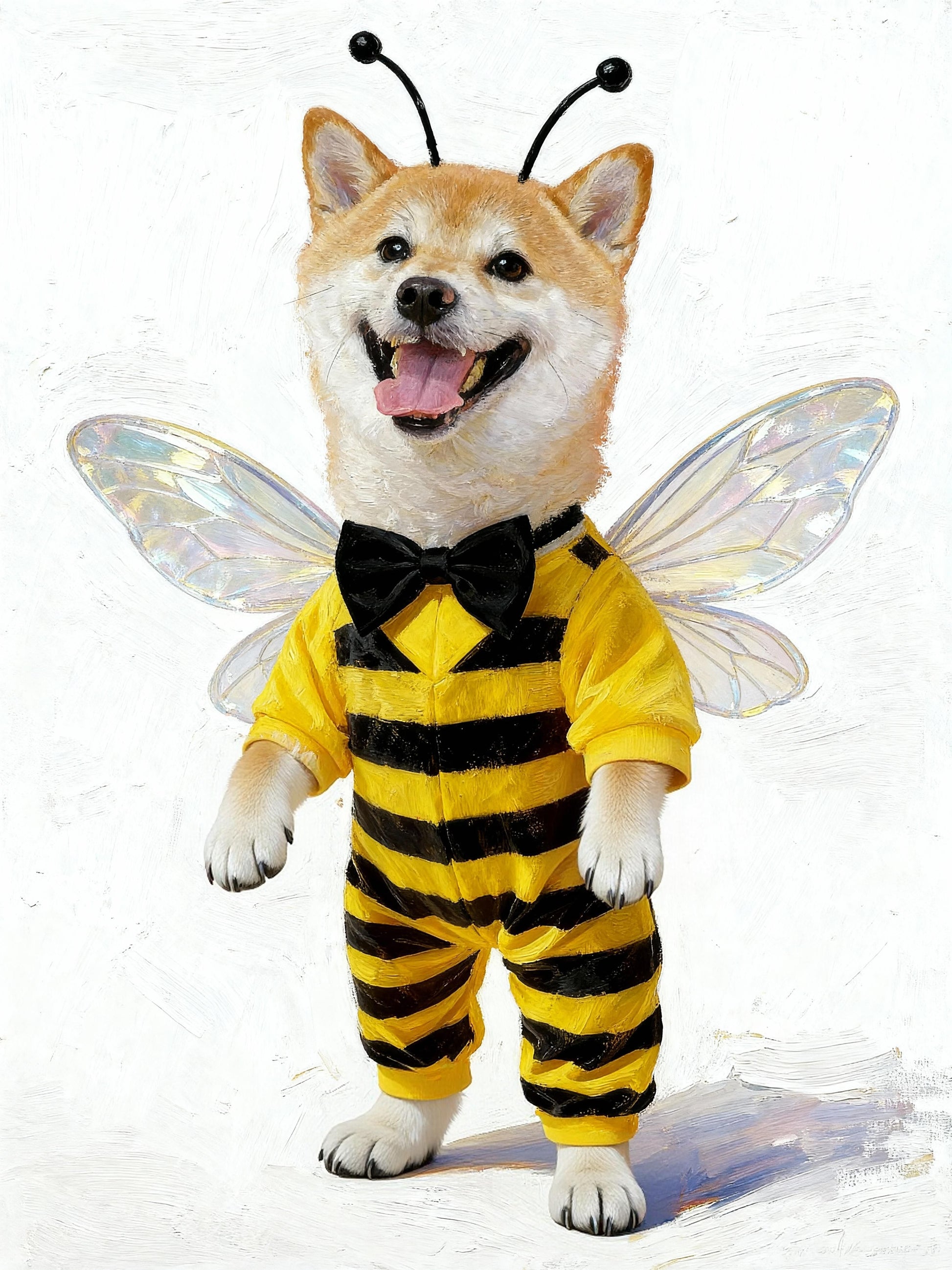 Custom pet portrait of a Shiba Inu in a bee costume, featuring yellow and black stripes, wings, antennae, and bow tie — whimsical dog artwork for personalized gifts and home decor.