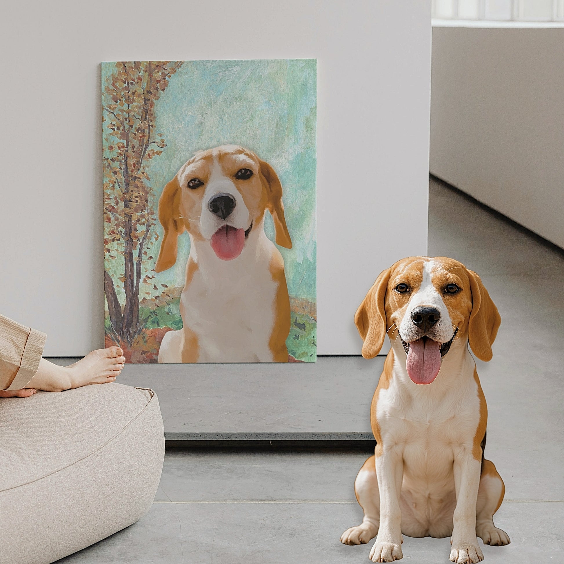 A joyful dog’s portrait on a vibrant canvas, set against a vivid, nature-filled Artistic Bliss background—mood-brightening wall art in a modern living room, with the original dog sitting beside it.
