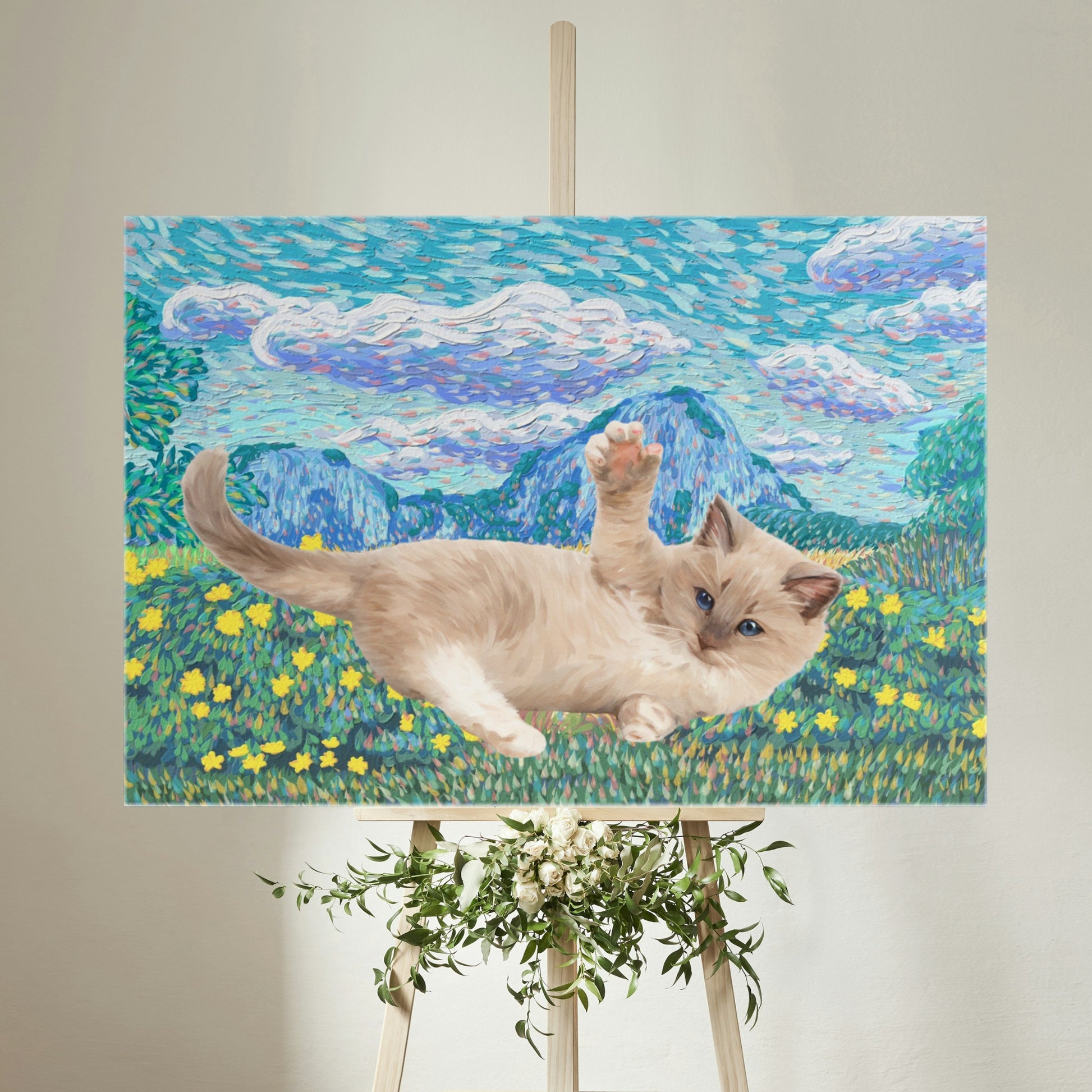 Portrait of a playful cat against a vivid, nature-filled blue bliss background on a vibrant canvas – Mood-Brightening Pet Portrait.