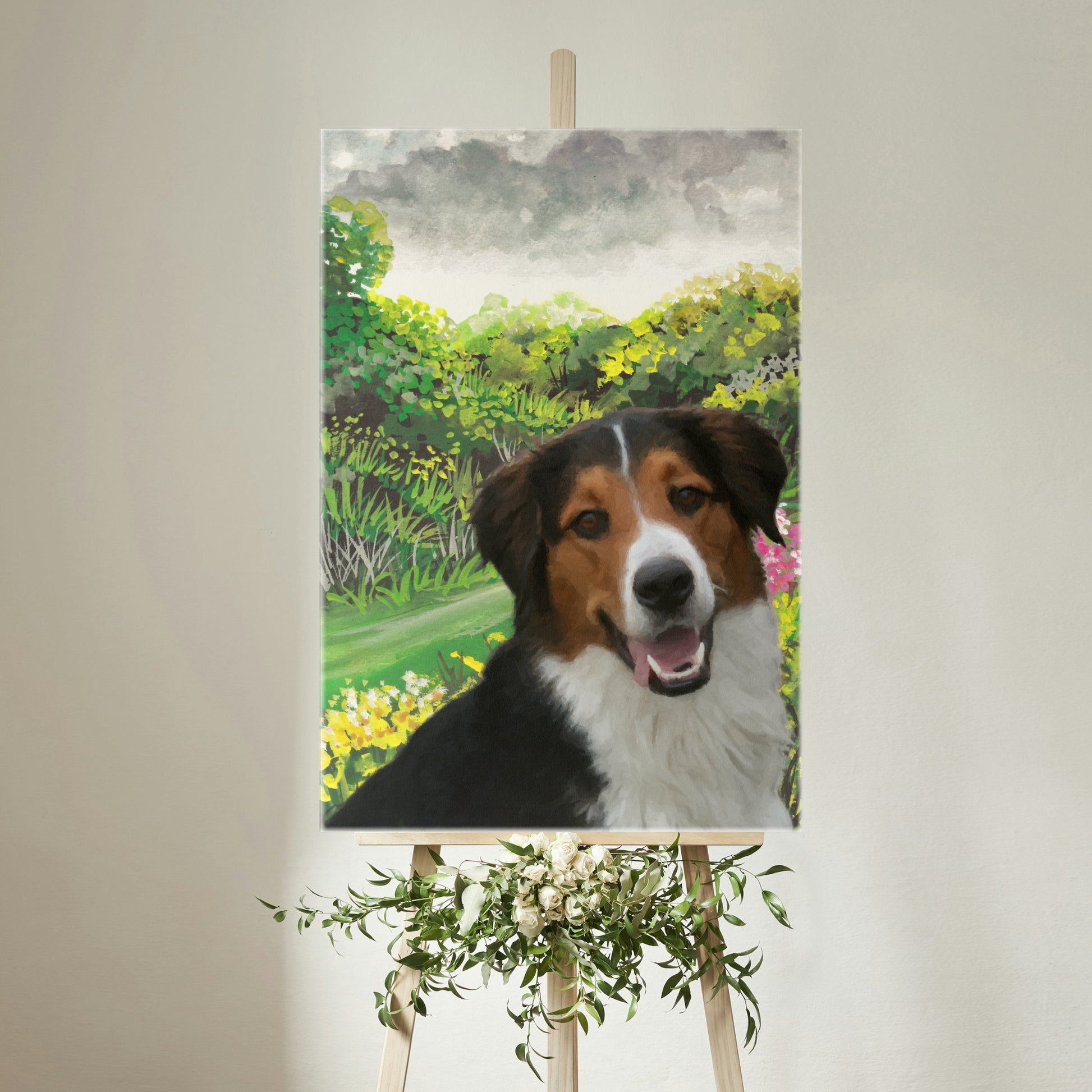 Portrait of a joyful dog set against a vivid, nature-filled garden Bliss background on a vibrant canvas – a mood-brightening pet portrait