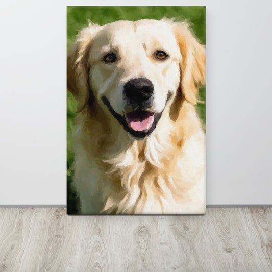 Custom pet portrait canvas featuring a dog, displayed as an unframed wall art piece.