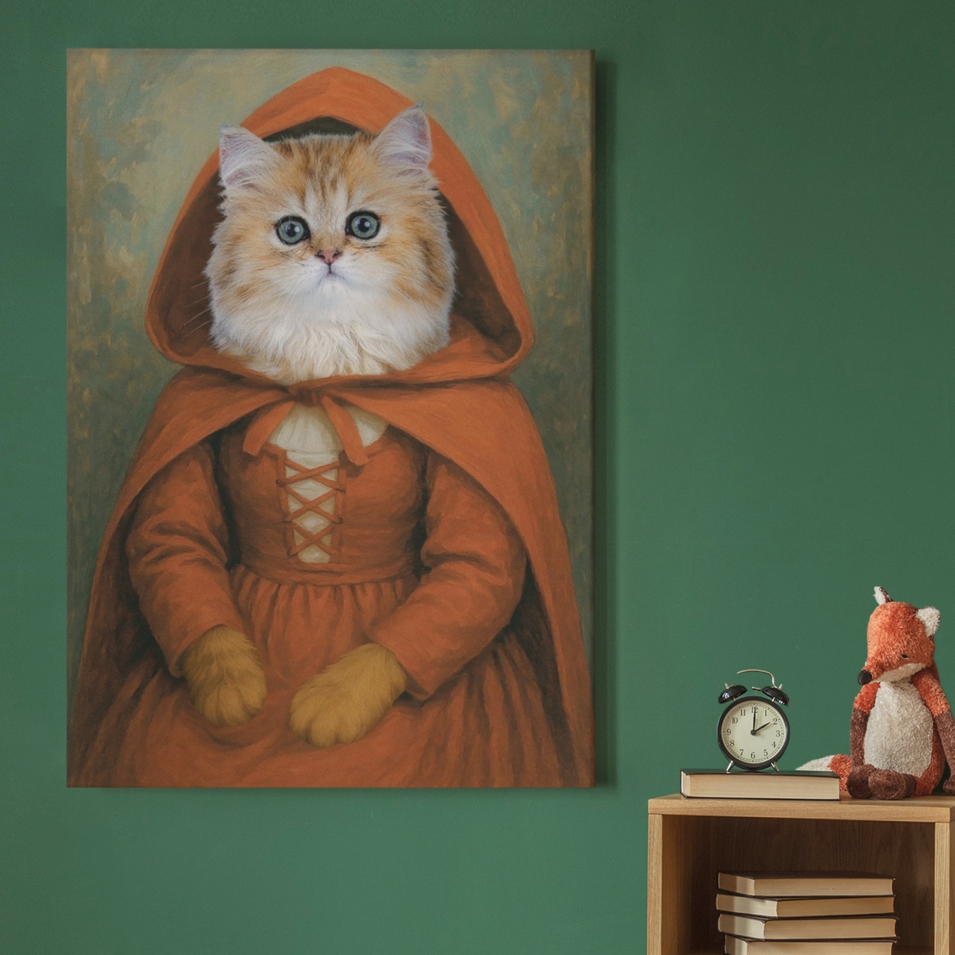 Vintage-style portrait of a ginger cat dressed in a red hooded cloak and lace-up dress, inspired by Little Red Riding Hood. The artwork is displayed on a canvas, elegantly hung on a wall, adding a whimsical fairy-tale charm to the space.