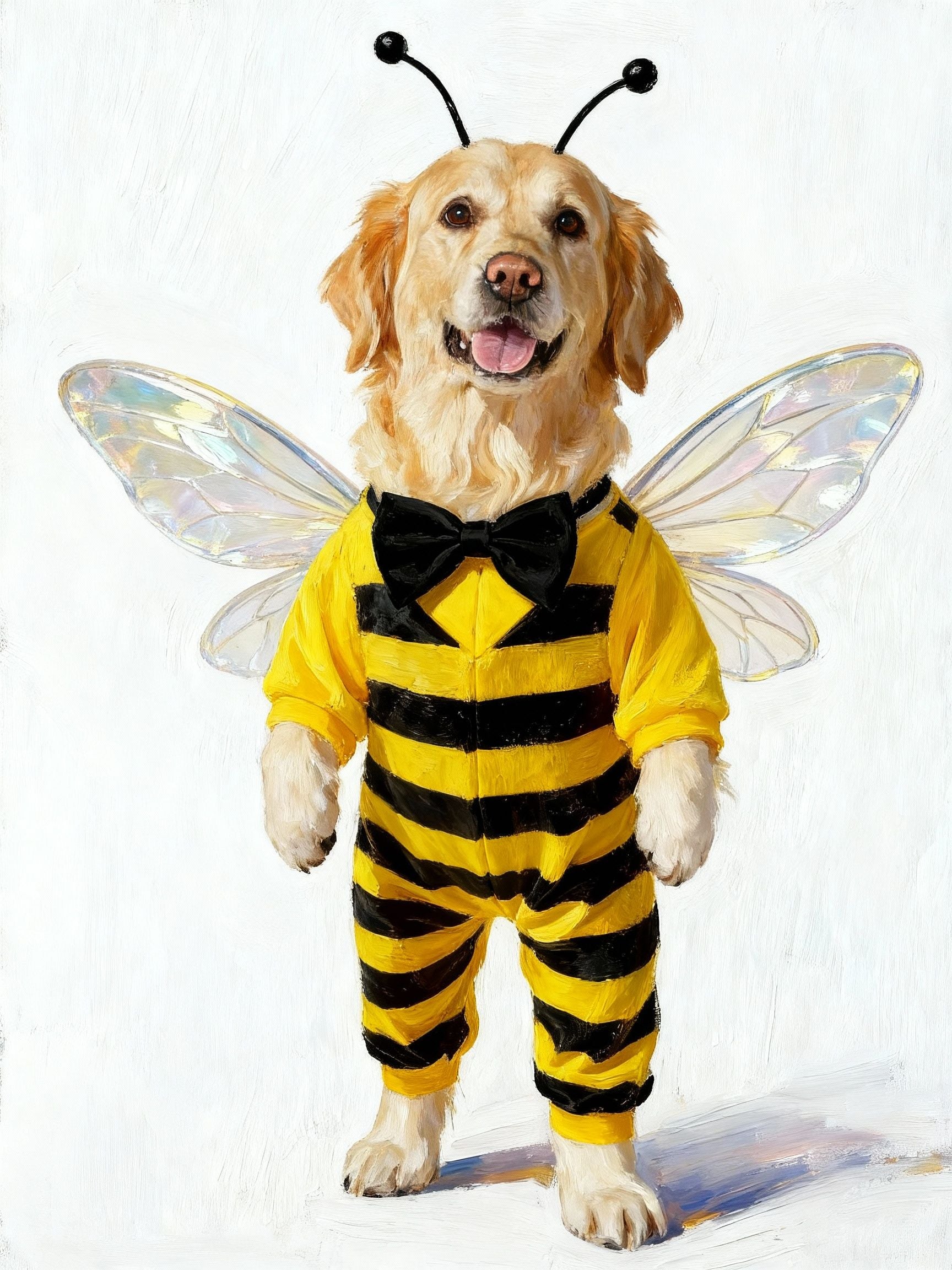 Custom pet portrait of a dog in a bee costume, featuring yellow and black stripes, wings, antennae, and bow tie — playful and personalized dog artwork for gifts and home decor.