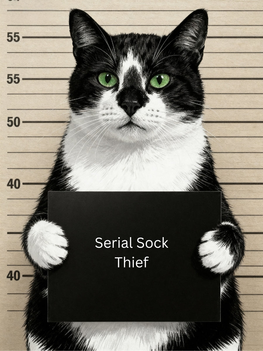 Naughty pet mugshot portrait of a black and white cat posing in front of a height chart with a sign that reads “Serial Sock Thief.”