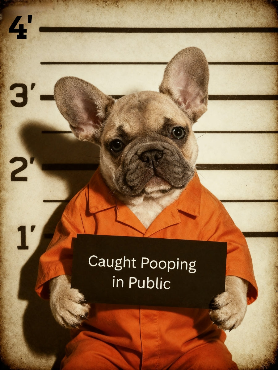 Naughty pet mugshot portrait of a dog in an orange prison jumpsuit, posing in front of a height chart with a sign that reads “Caught pooping in public.”