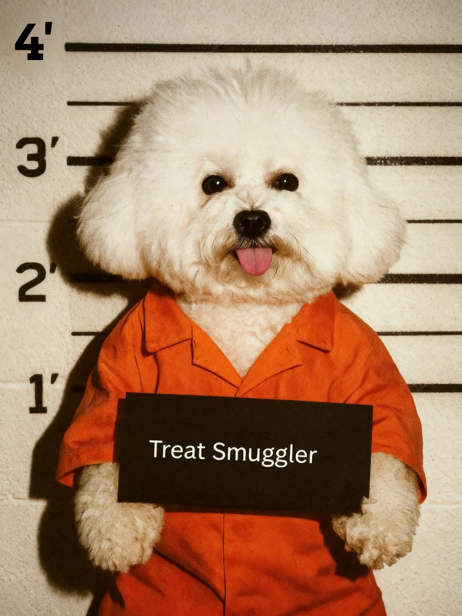 Naughty pet mugshot portrait of a poodle in an orange prison jumpsuit, posing in front of a height chart with a sign that reads “Treat Smuggler.”