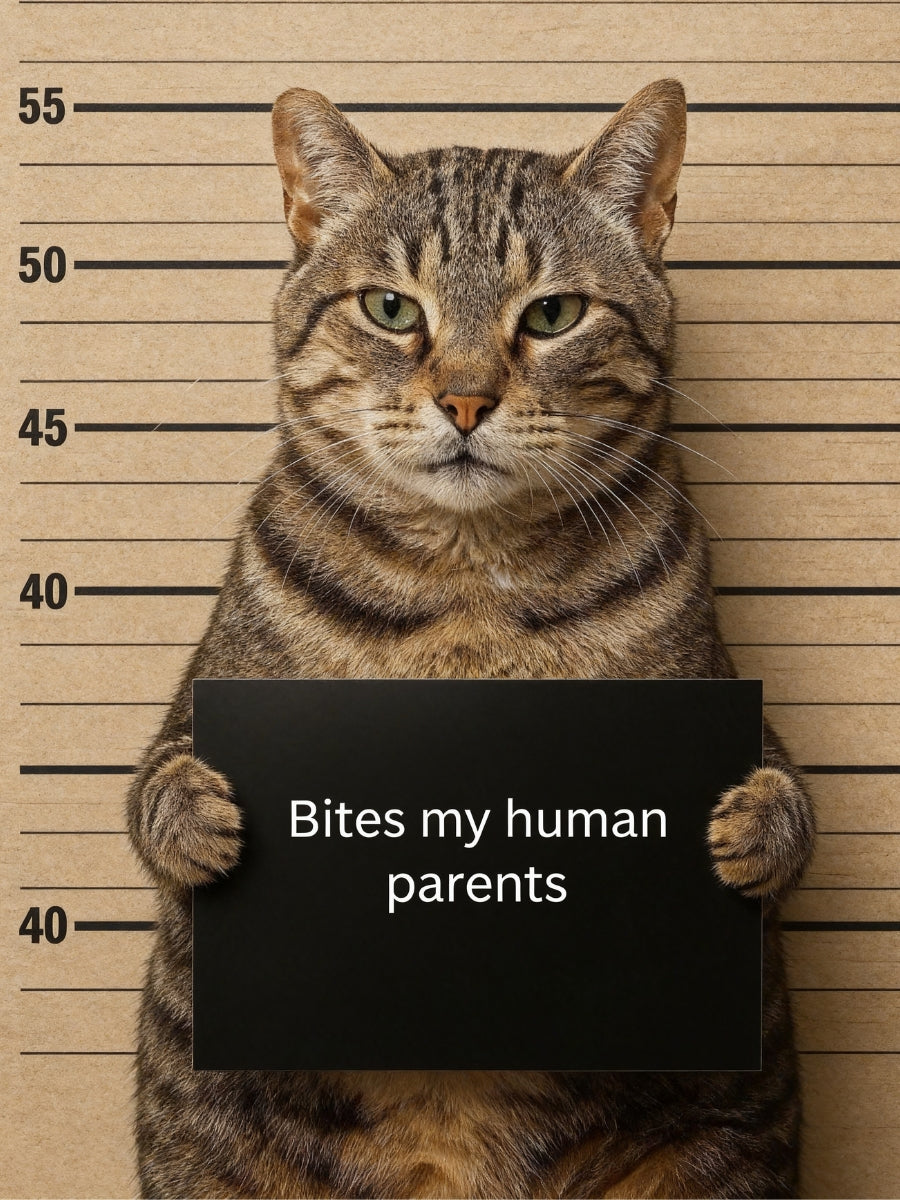 Naughty pet mugshot portrait of a Tabby cat posing in front of a height chart with a sign that reads “Bites my human parents.”