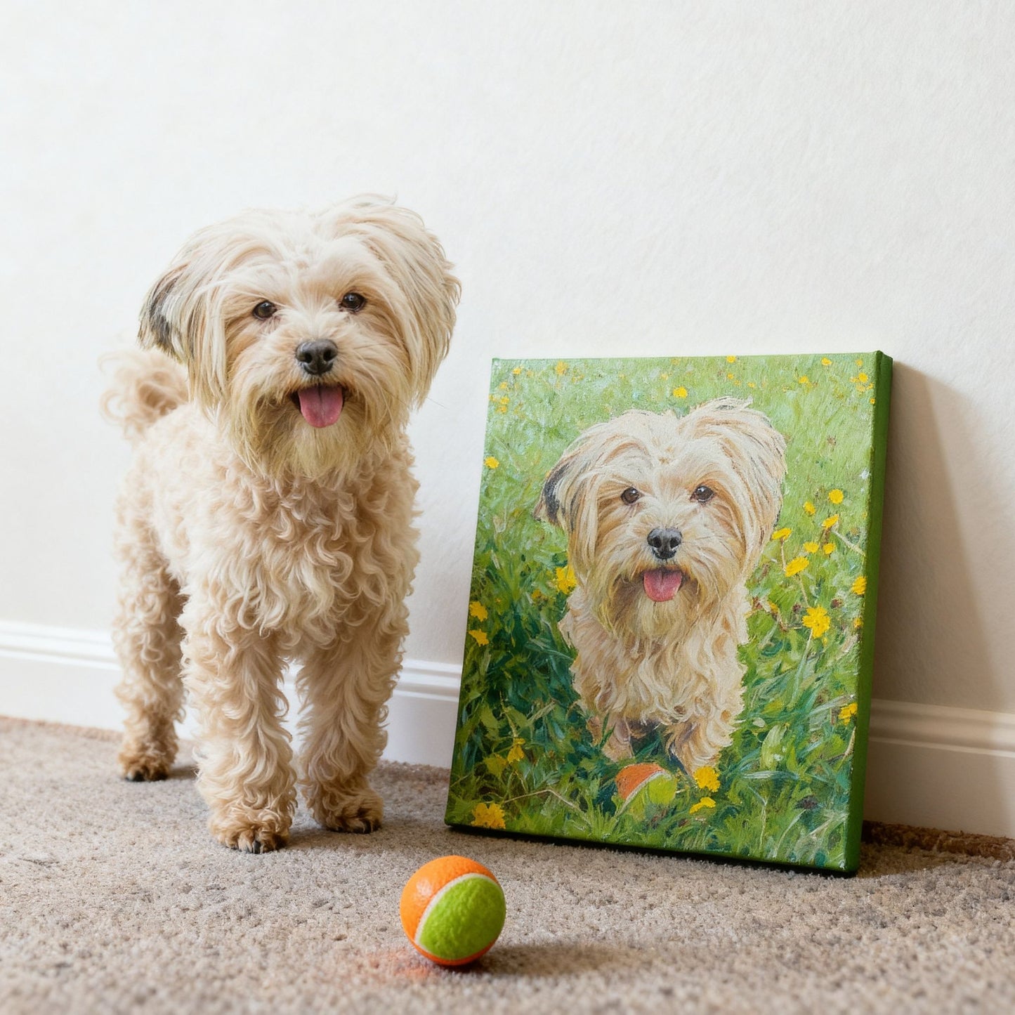 Dog standing next to a canvas print of itself in a garden setting.