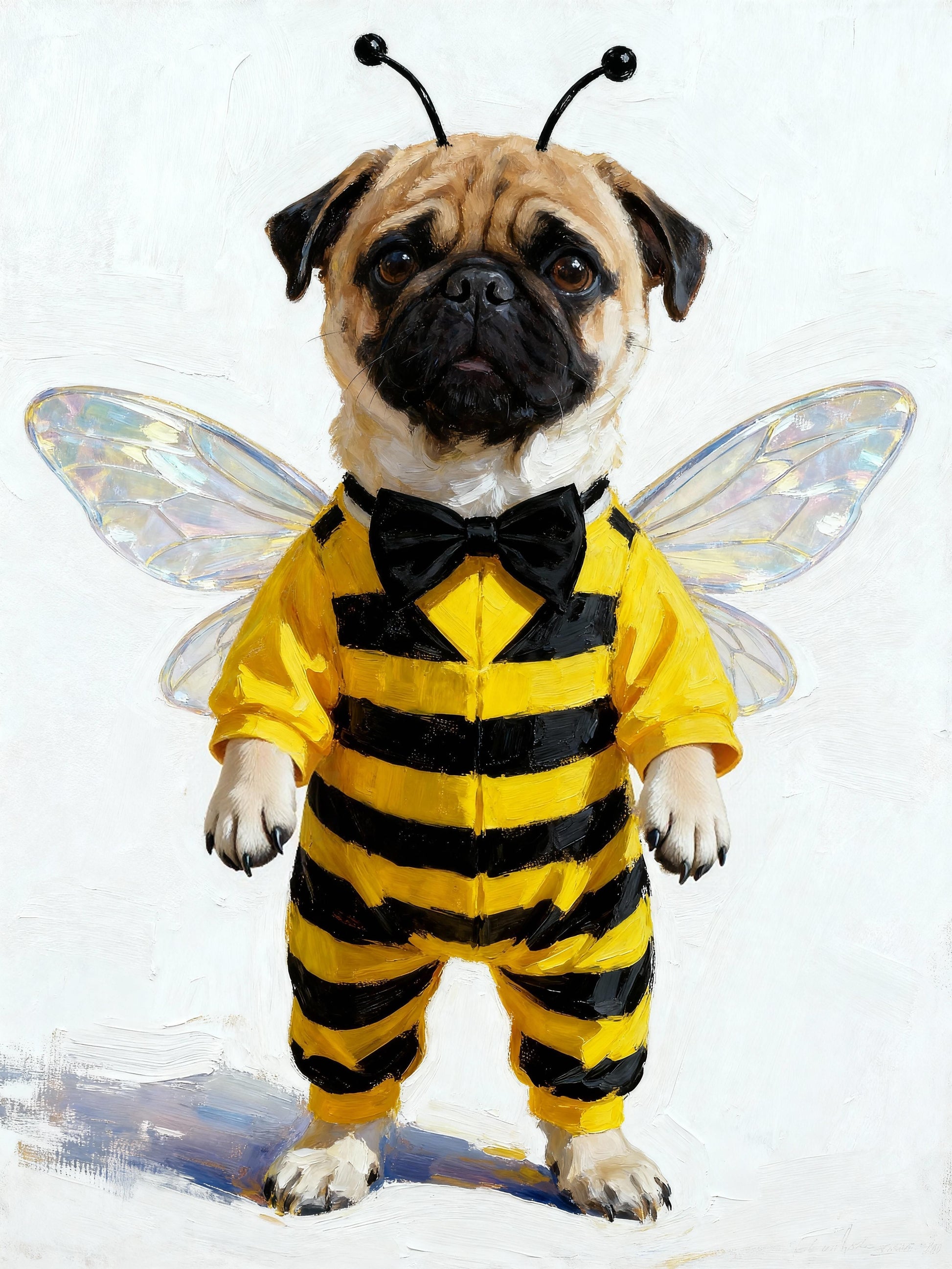 Custom pet portrait of a pug in a bee costume, featuring yellow and black stripes, wings, antennae, and bow tie — playful dog artwork for personalized gifts and home decor.