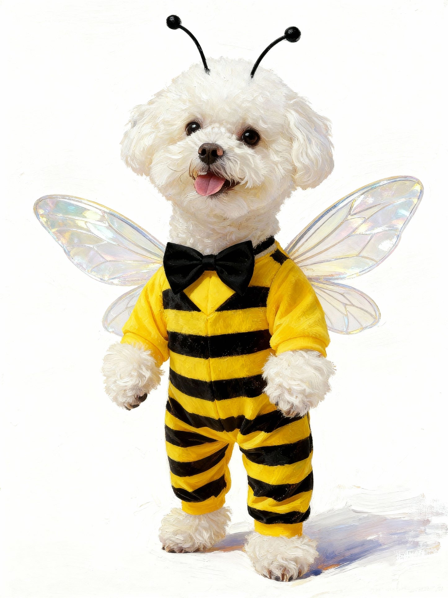 Custom pet portrait of a small white fluffy dog in a whimsical bee costume, featuring yellow and black stripes, bow tie, wings, and antennae — playful personalized artwork for pet lovers and unique home decor.