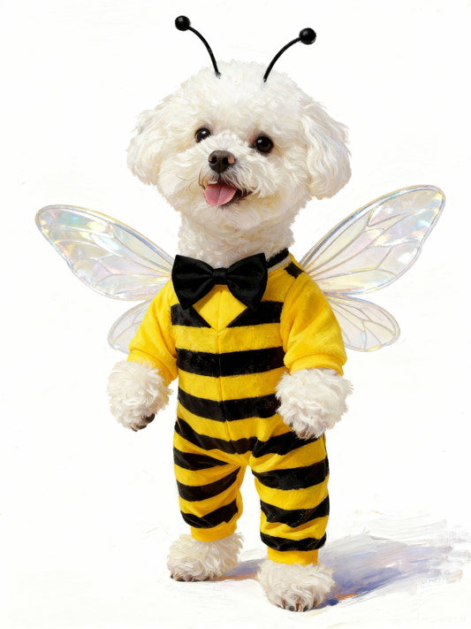 Custom pet portrait of a small white fluffy dog in a whimsical bee costume, featuring yellow and black stripes, bow tie, wings, and antennae — playful personalized artwork for pet lovers and unique home decor.