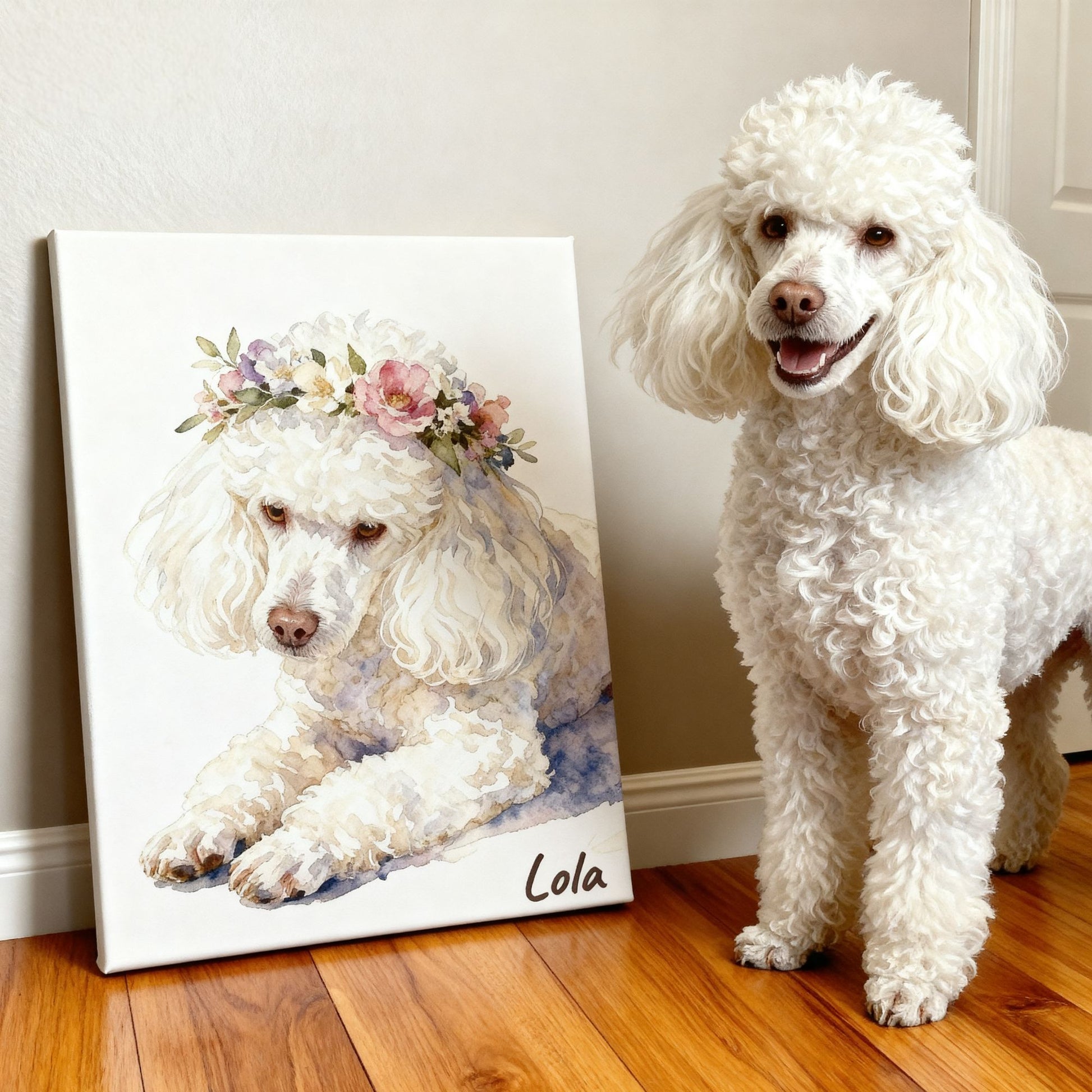 White poodle standing next to a painting of itself with a floral crown on a wooden floor.