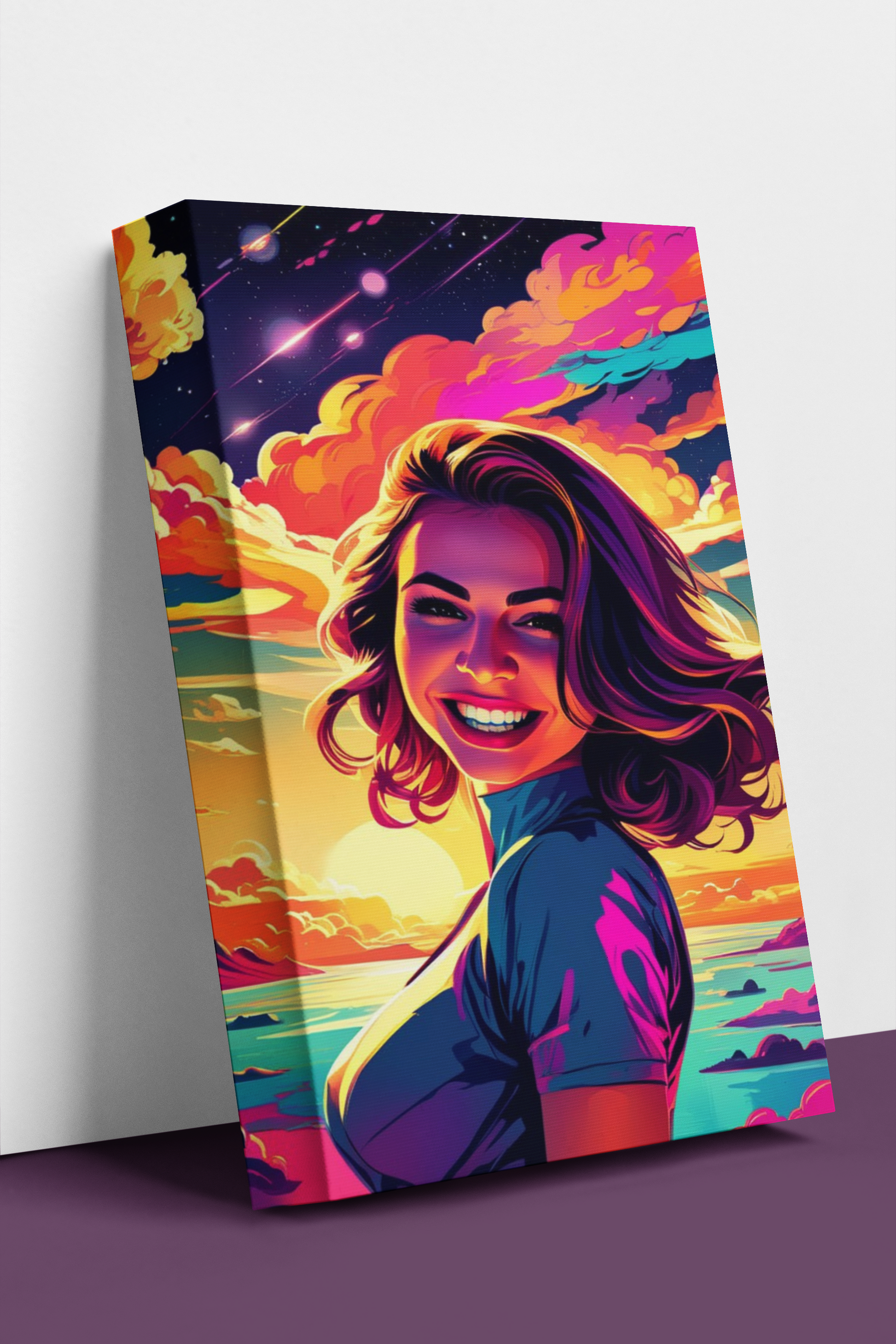 custom portrait in vibrant pop art style with a comic twist, featuring a smiling woman on canvas displayed.