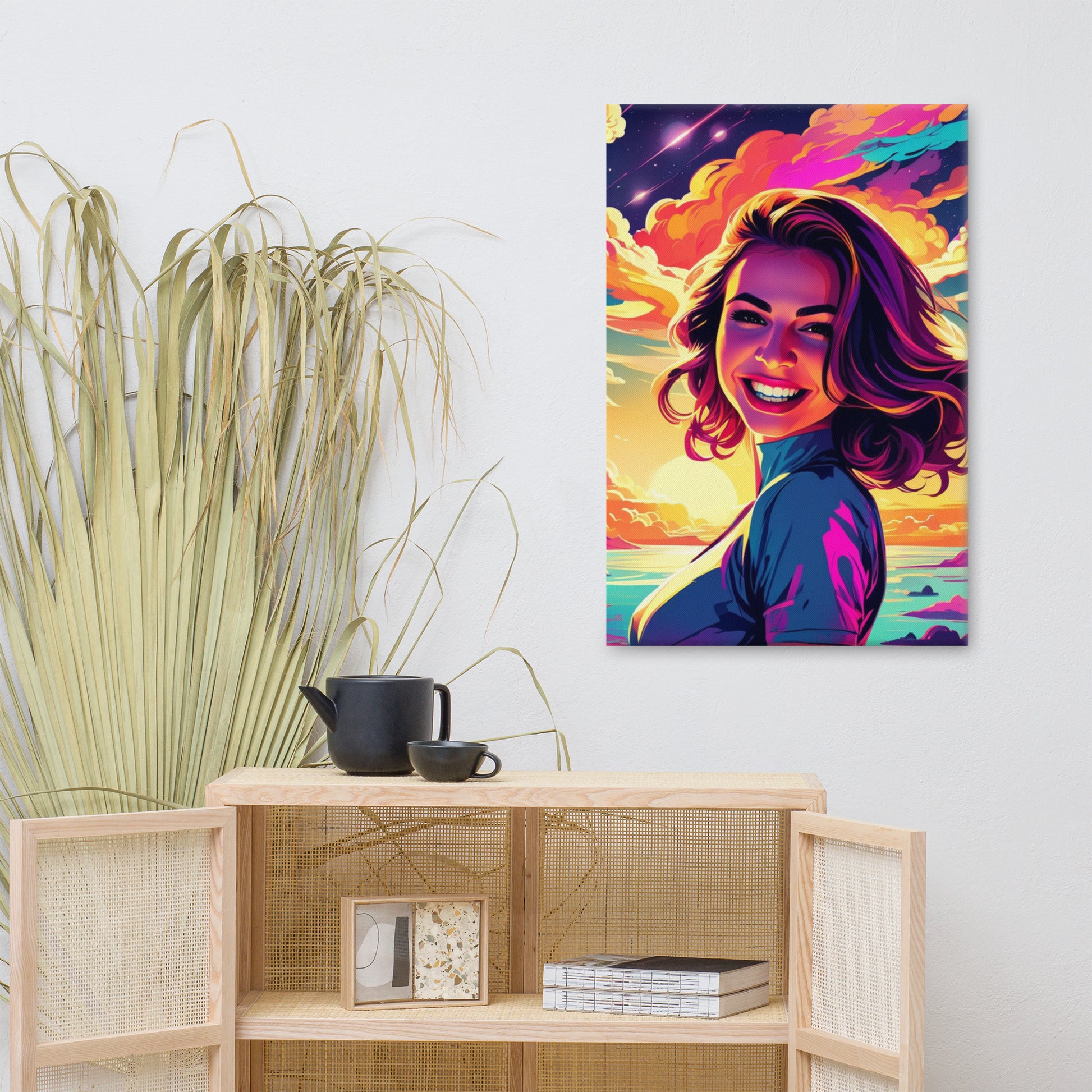 Custom portrait in vibrant pop art style, featuring a smiling woman on canvas displayed on a wall.