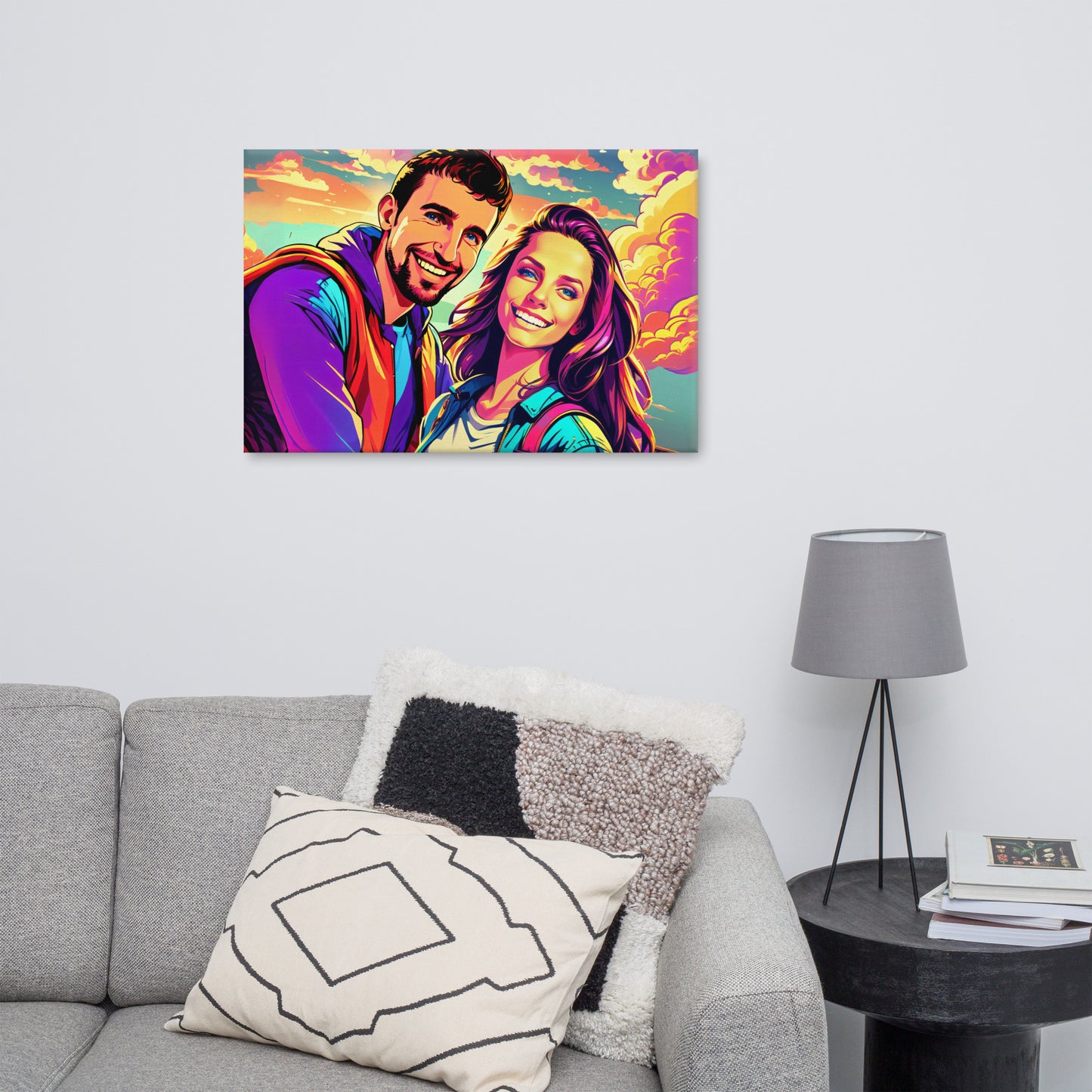 Custom pop art portrait featuring a couple on canvas displayed on wall in a modern living room
