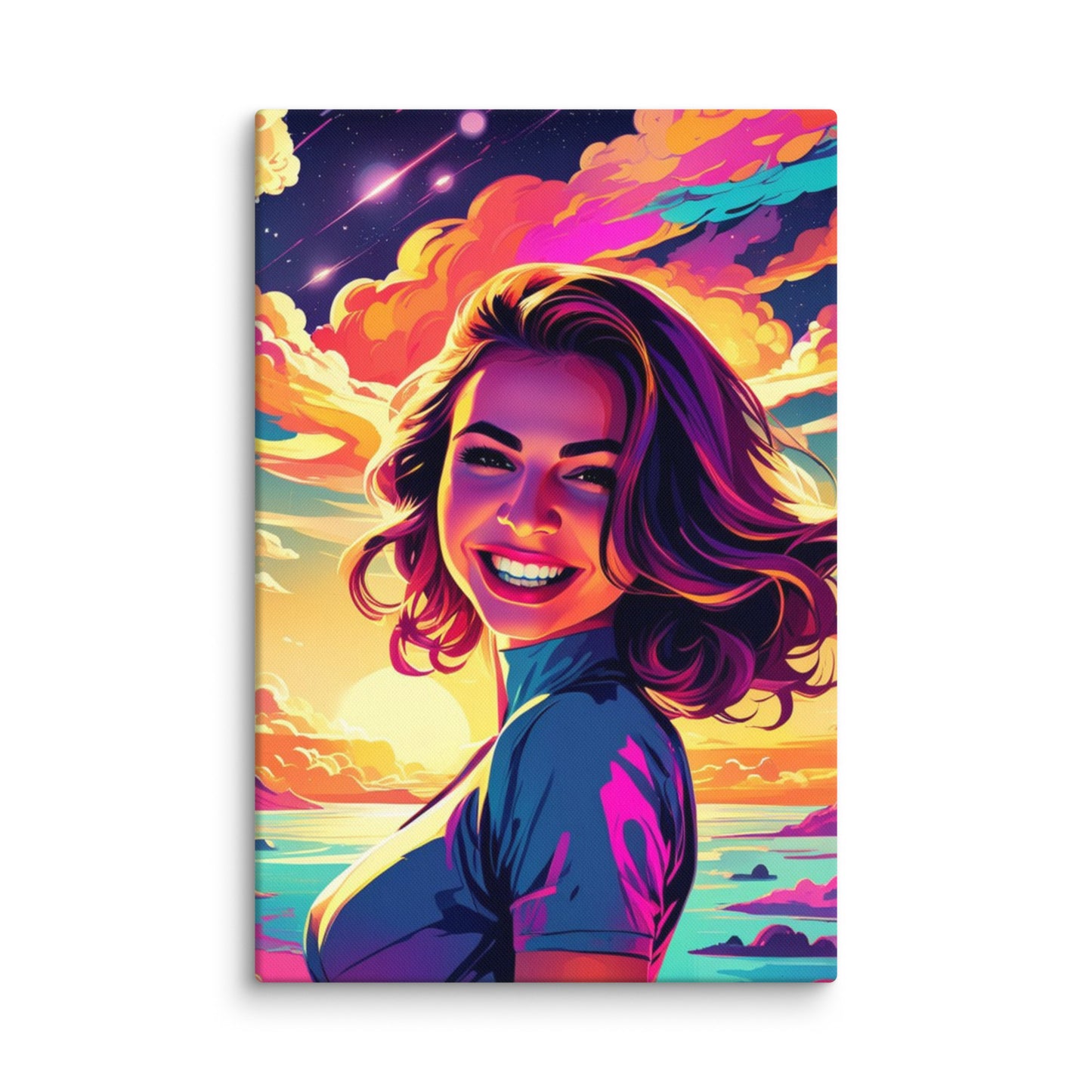 Custom portrait in vibrant pop art style, featuring a smiling woman on unframed canvas displayed on a wall