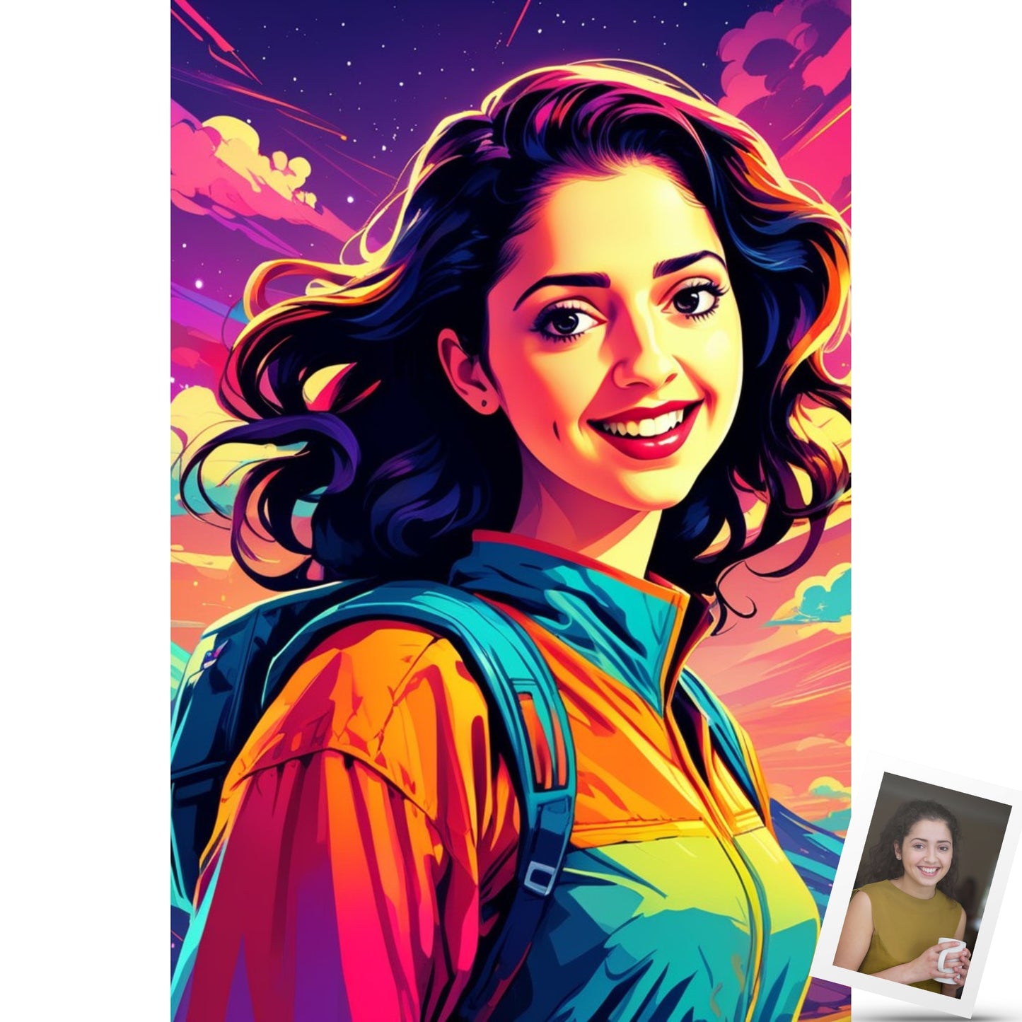 Custom portraits in vibrant pop art style with a comic twist, featuring a young  woman smiling happily and displayed alongside the original picture.