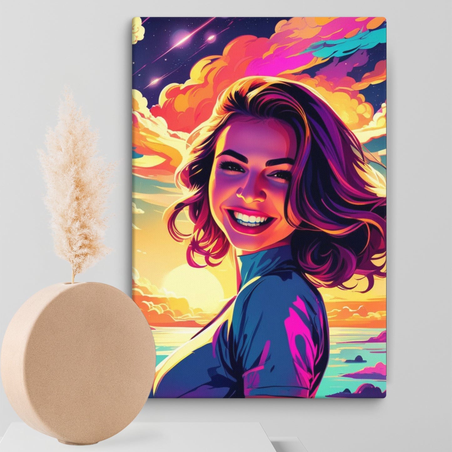 custom portraits in vibrant pop art style with a comic twist, featuring a smiling woman on canvas.