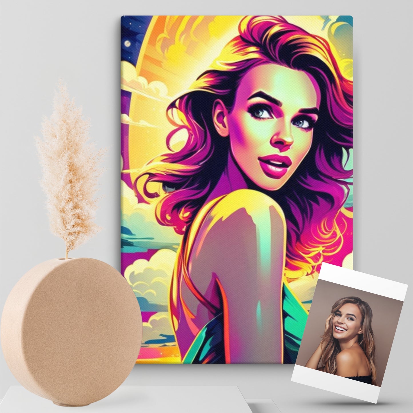 custom portraits in vibrant pop art style with a comic twist, featuring a stunning woman on canvas.