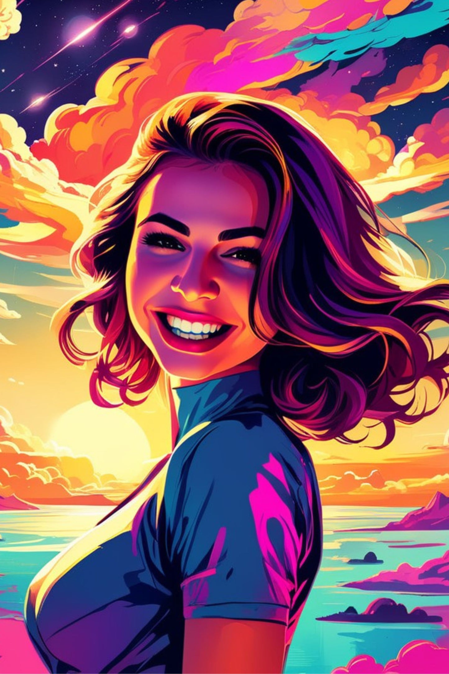 Custom portrait in vibrant pop art style, featuring a smiling woman on unframed canvas