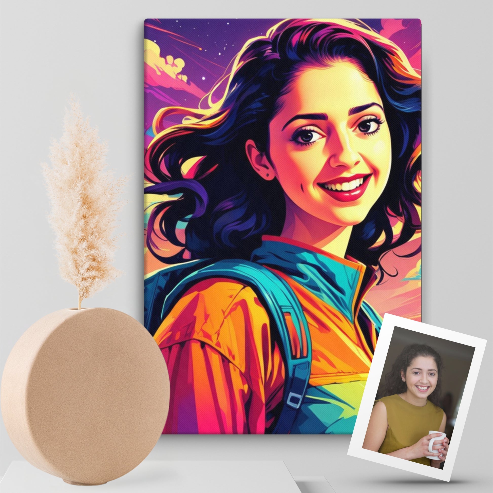 
custom portraits in vibrant pop art style with a comic twist, featuring a smiling young woman on canvas, displayed alongside the original picture.