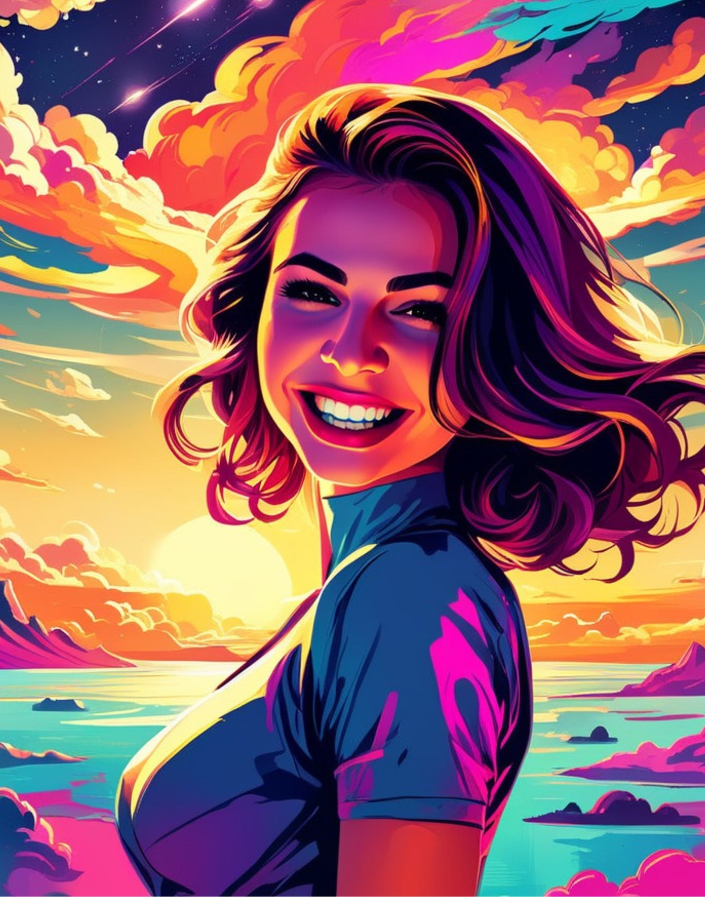 Custom portraits in vibrant pop art style with a comic twist, featuring a smiling woman