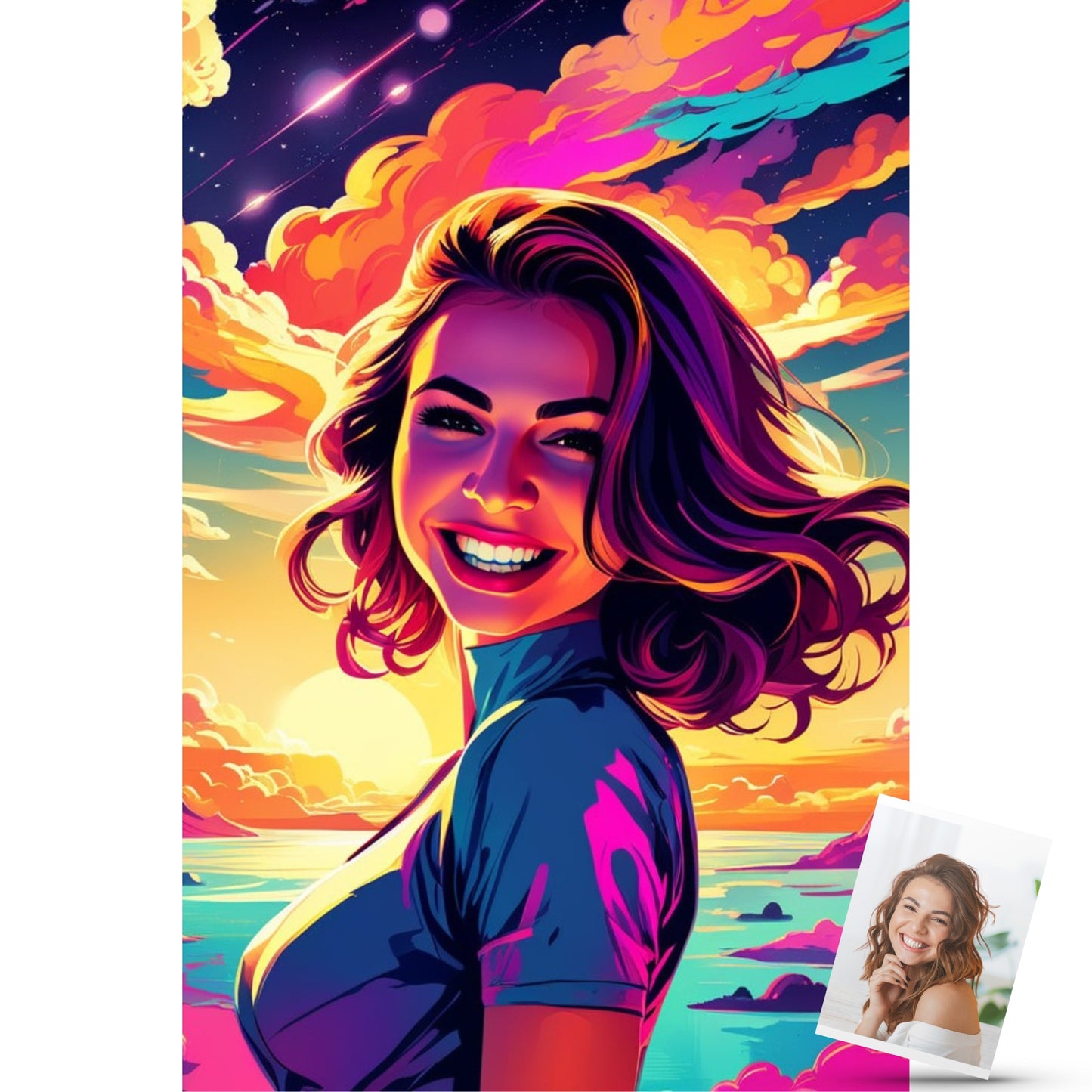 Custom portraits in vibrant pop art style with a comic twist, featuring a smiling woman and displayed alongside the original picture.