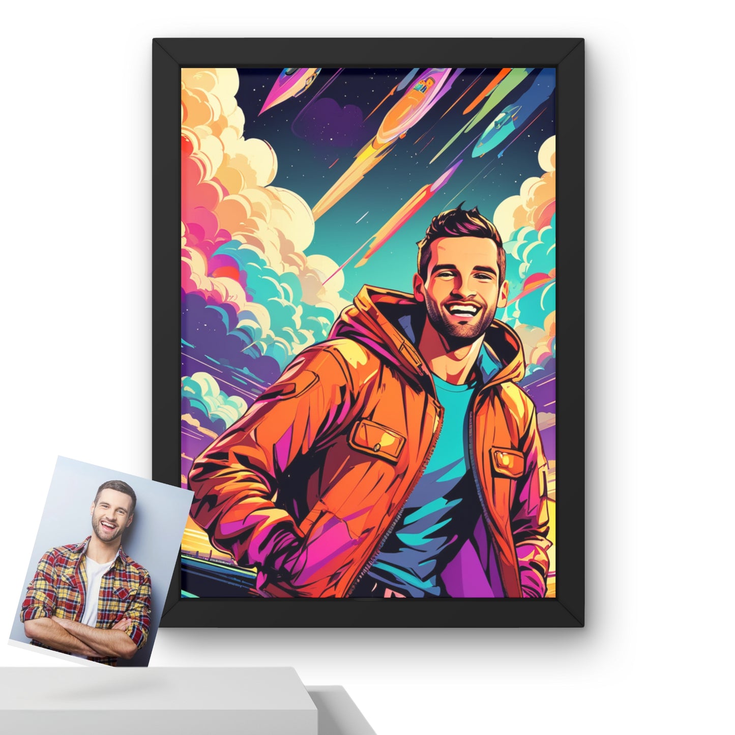 Custom portraits in vibrant pop art style with a comic twist, featuring a man on framed poster and displayed alongside the original picture.