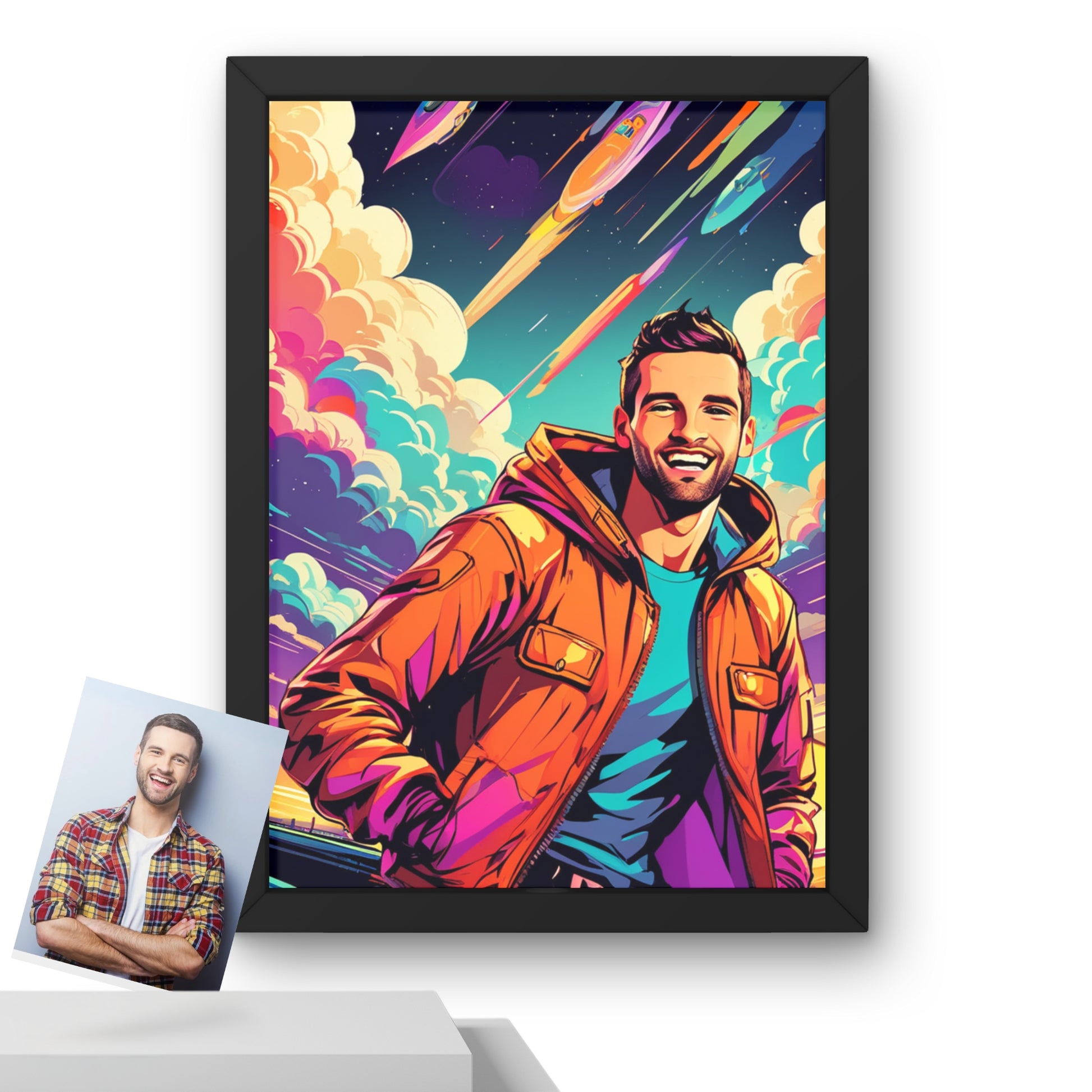 Custom portraits in vibrant pop art style with a comic twist, featuring a man on framed poster and displayed alongside the original picture.