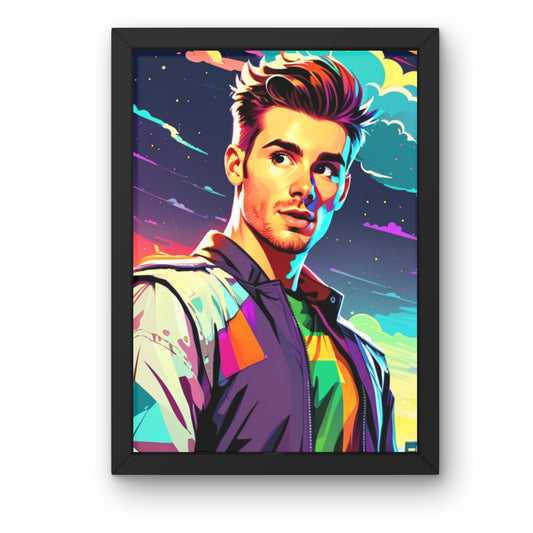 Custom portraits in vibrant pop art style with a comic twist, featuring a man on framed poster