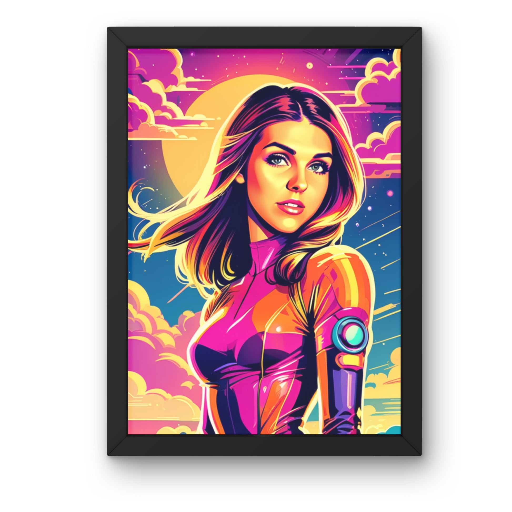 Custom portraits in vibrant pop art style with a comic costume, featuring a young woman on framed poster.
