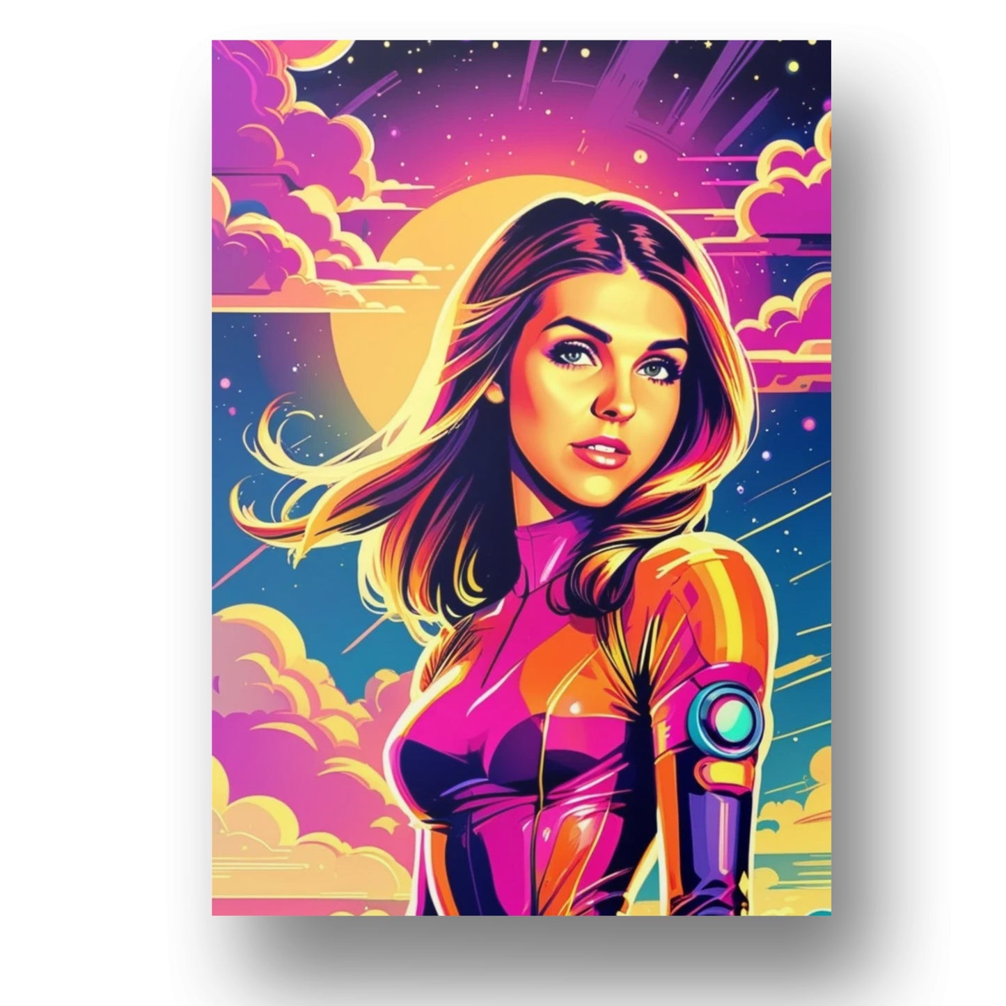 Custom portraits in vibrant pop art style with a comic twist, featuring a young woman on unframed poster. 