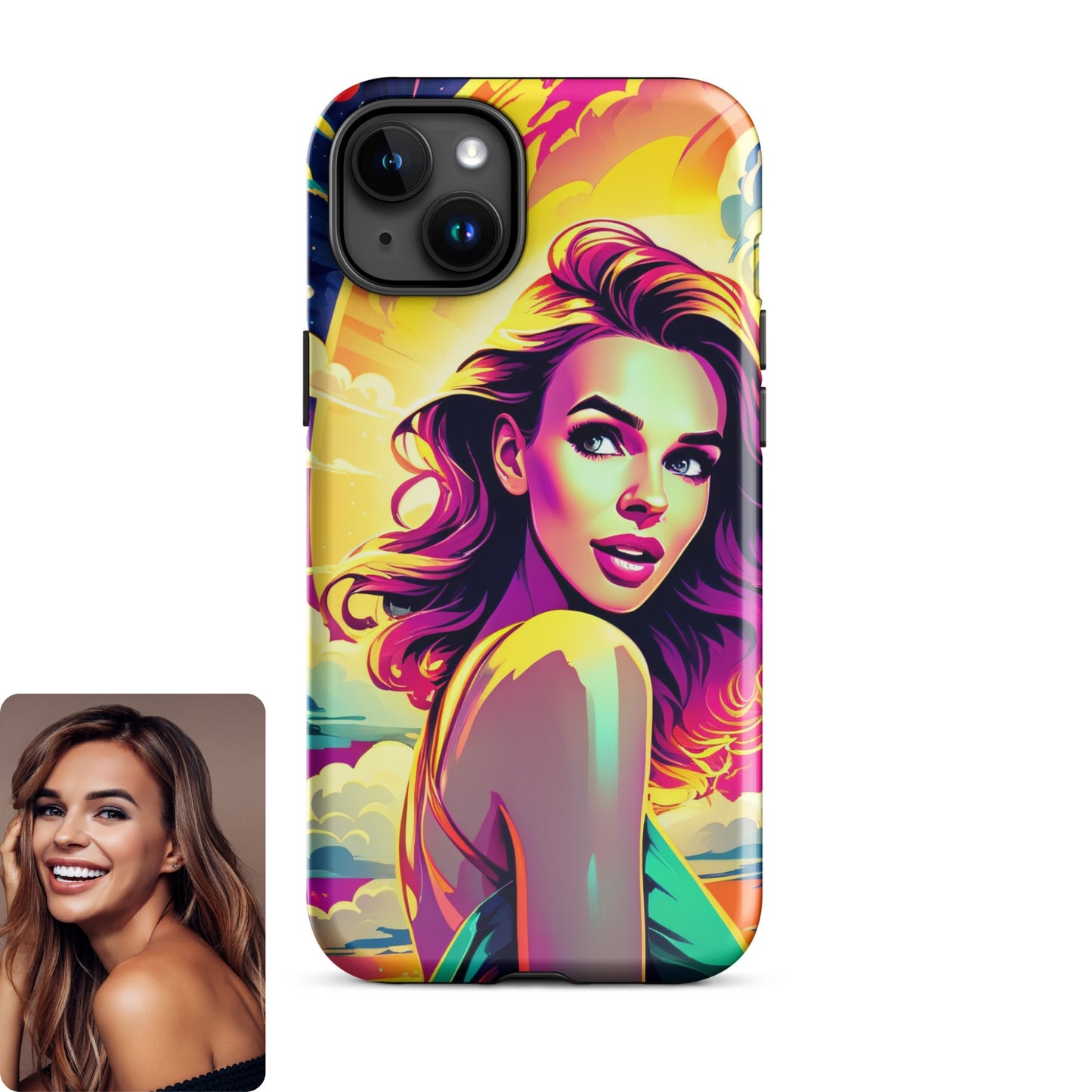 A custom portrait case featuring a stunning pop art portrait of a woman, displayed alongside the original photo.