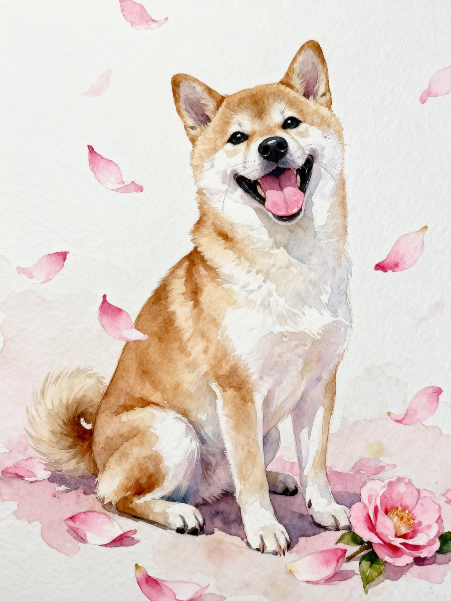 Watercolor Shiba Inu pet portrait with soft pink camellia petals, minimal background, and joyful expression.
