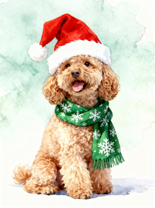 Custom watercolor Christmas pet portrait of a happy dog in Santa hat and snowflake scarf.