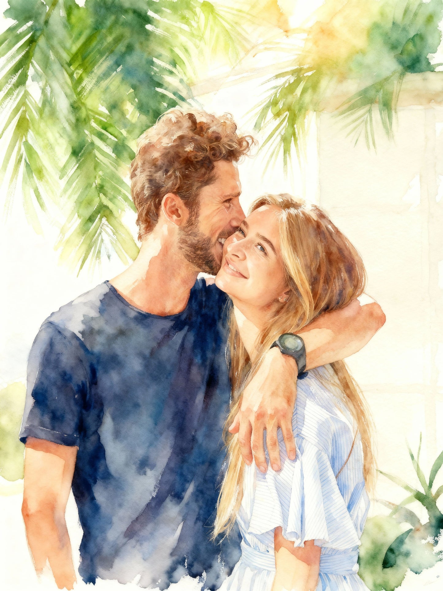Custom watercolor couple portrait with tropical palm leaves, warm outdoor embrace, personalized romantic gift for anniversary or travel keepsake.